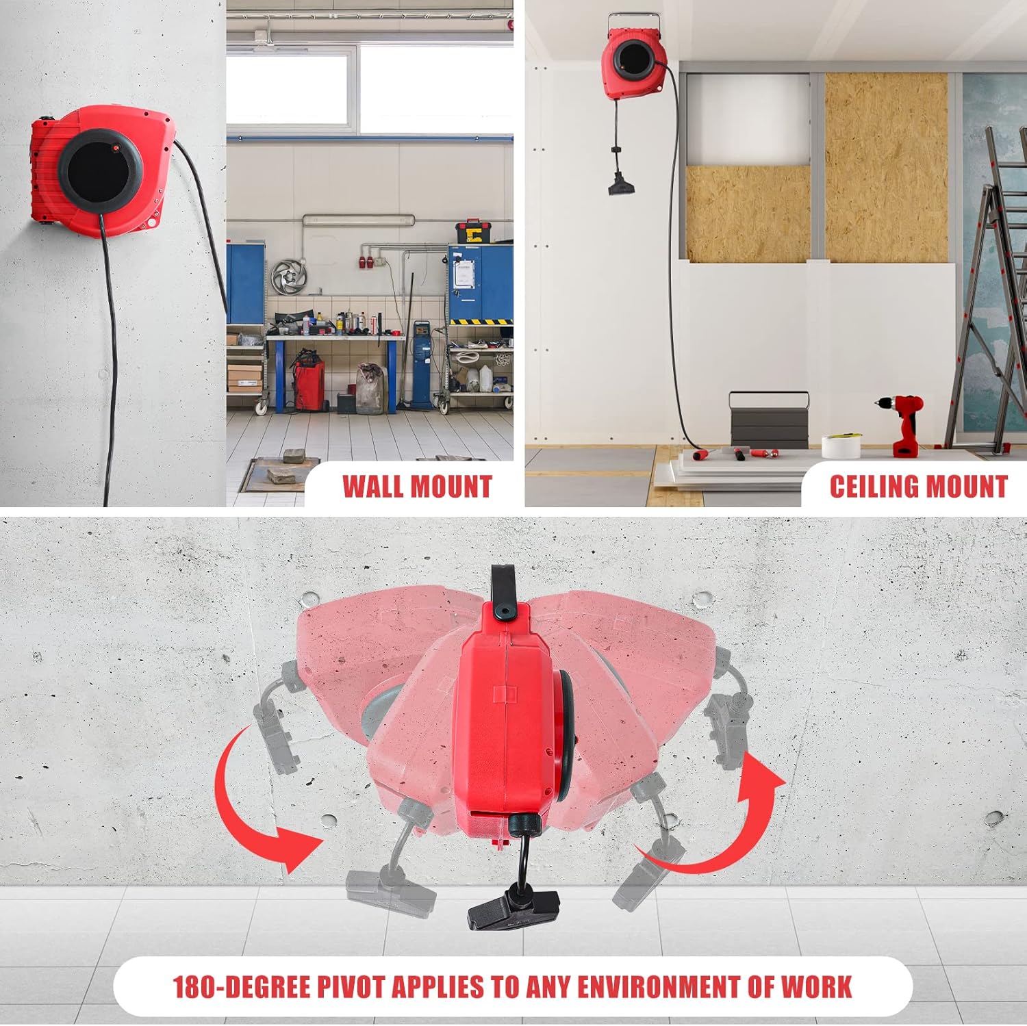 Retractable Extension Reel, 50FT Heavy Duty 14AWG/3C SJTOW Power Cord with Triple Tap Outlet, 13 Amp Circuit Breaker 180° Swivel Bracket Wall/Ceiling Mounted for Garage, Workshop
