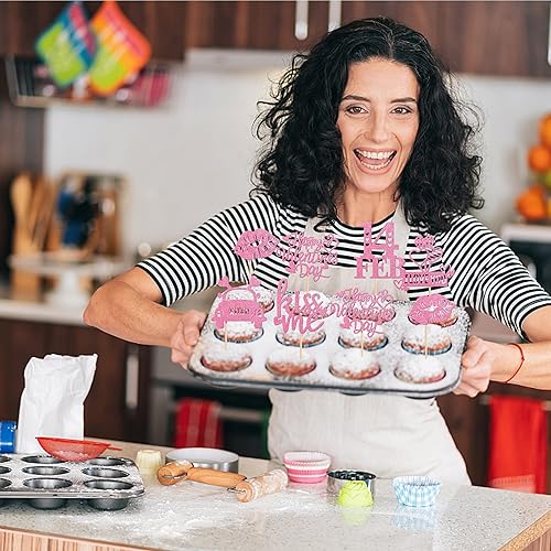 Miniatura 4 de Rsstarxi Paquete de 24 adornos para cupcakes con purpurina para el día de San Valentín 14 de febrero Kiss Me Love Heart Cupcake Picks Lips I Love