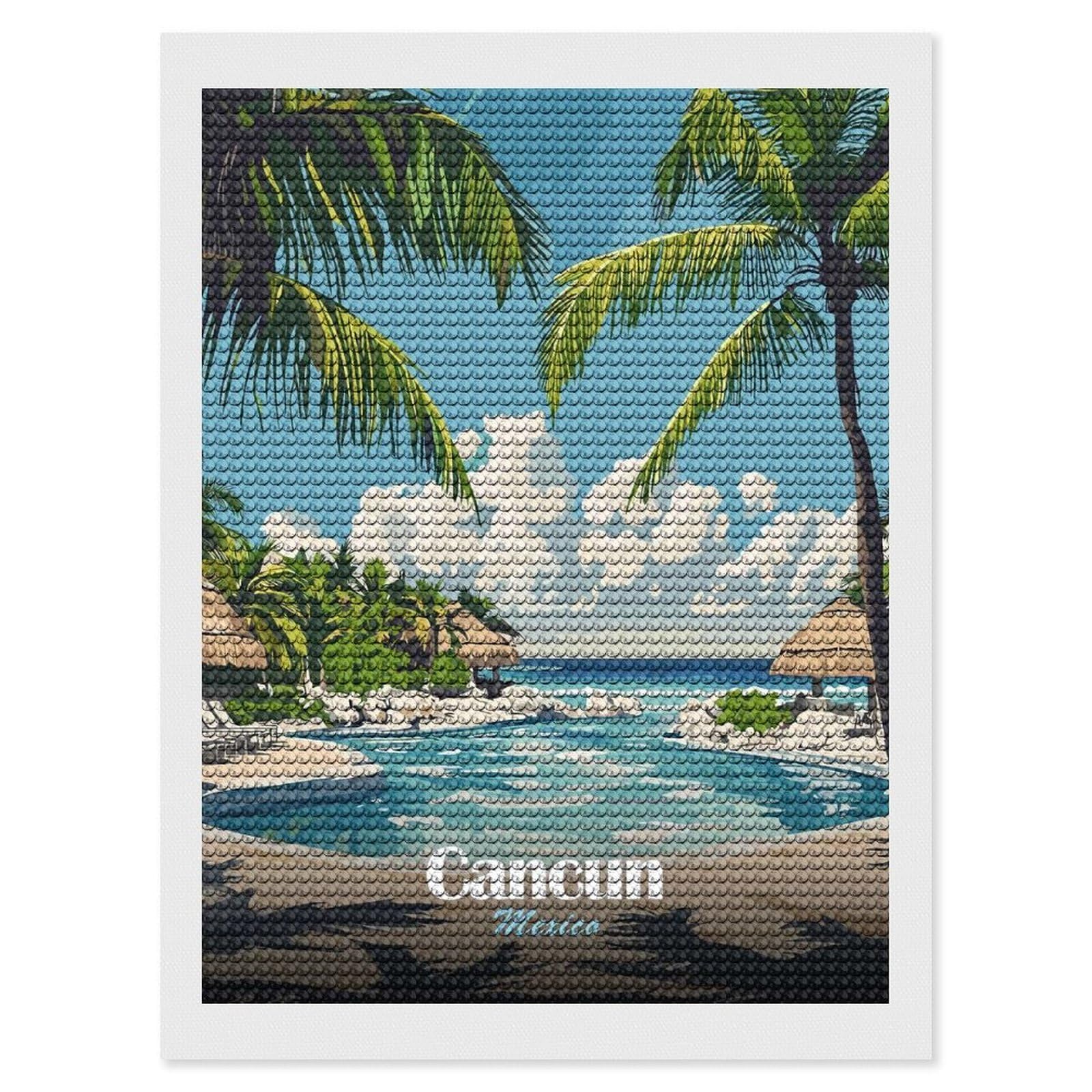Junmoney Cancun Mexico Tropical Resort Diamond Painting Canvas Set 12"x16", Satisfying Creative Project, Easy to Follow Symbols, Fun Craft Experience