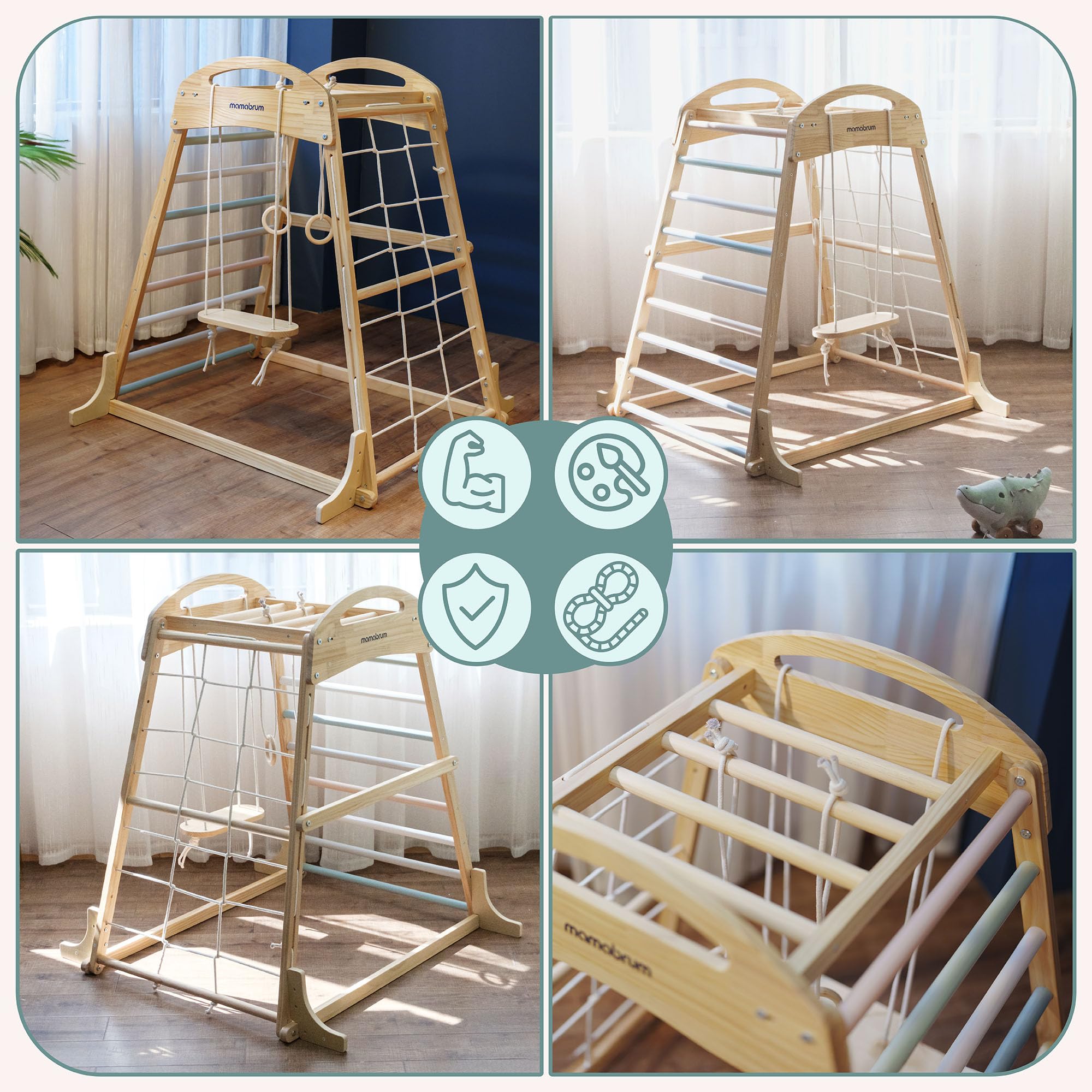 Mamabrum Aire de Jeux intérieure en Bois pour Enfants avec balançoire, Anneaux de Gymnastique et Filet d’Escalade – Ensemble Sportif Multifonctionnel pour la Maison