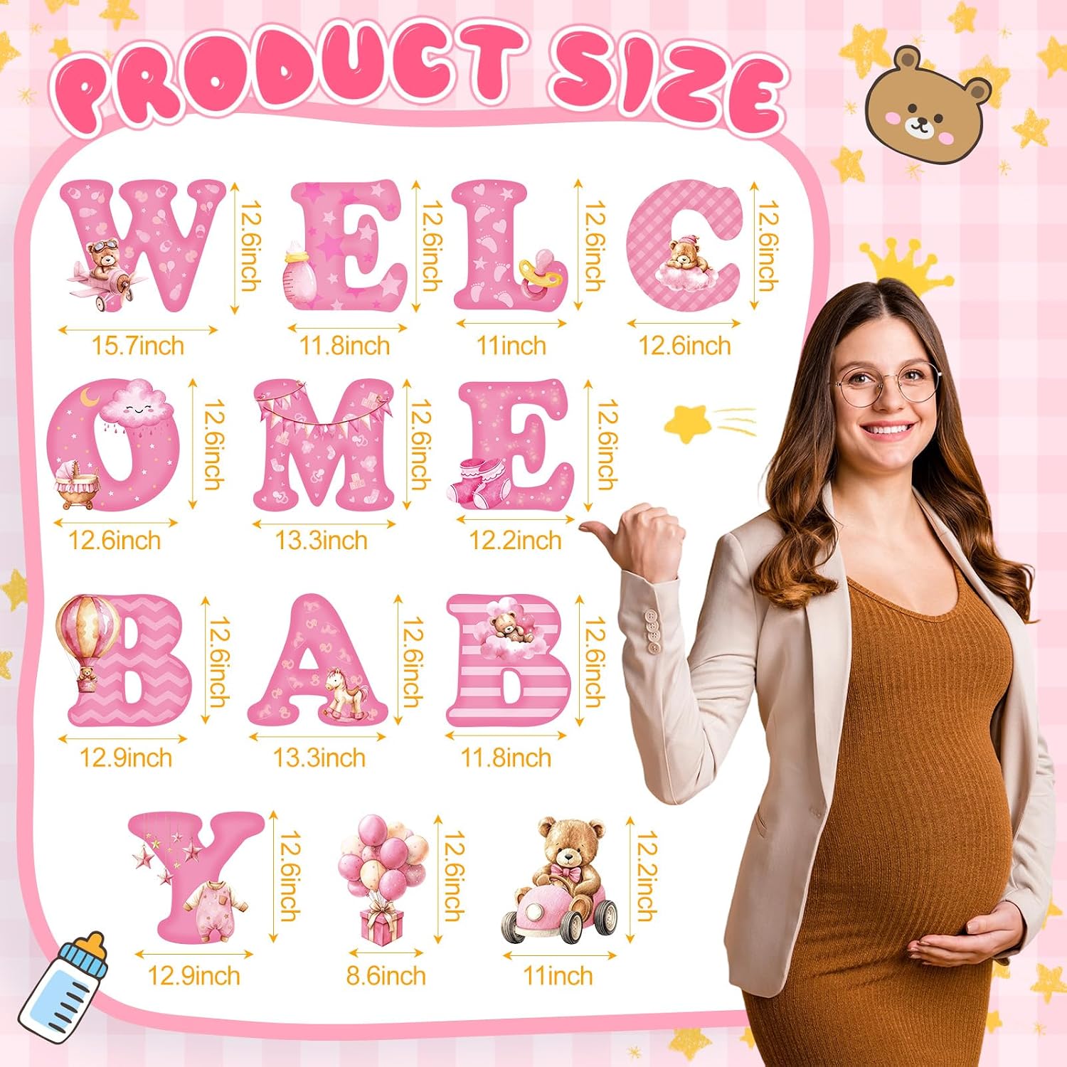 Chumia 13 Pcs Baby Shower Yard Sign 'Welcome Baby' Yard Signs with Stakes, 15 Inch Tall Girl Boy Lawn Sign Gender Reveal Outdoor Decoration Welcome Newborn Announcement for Party Decorations(Pink)