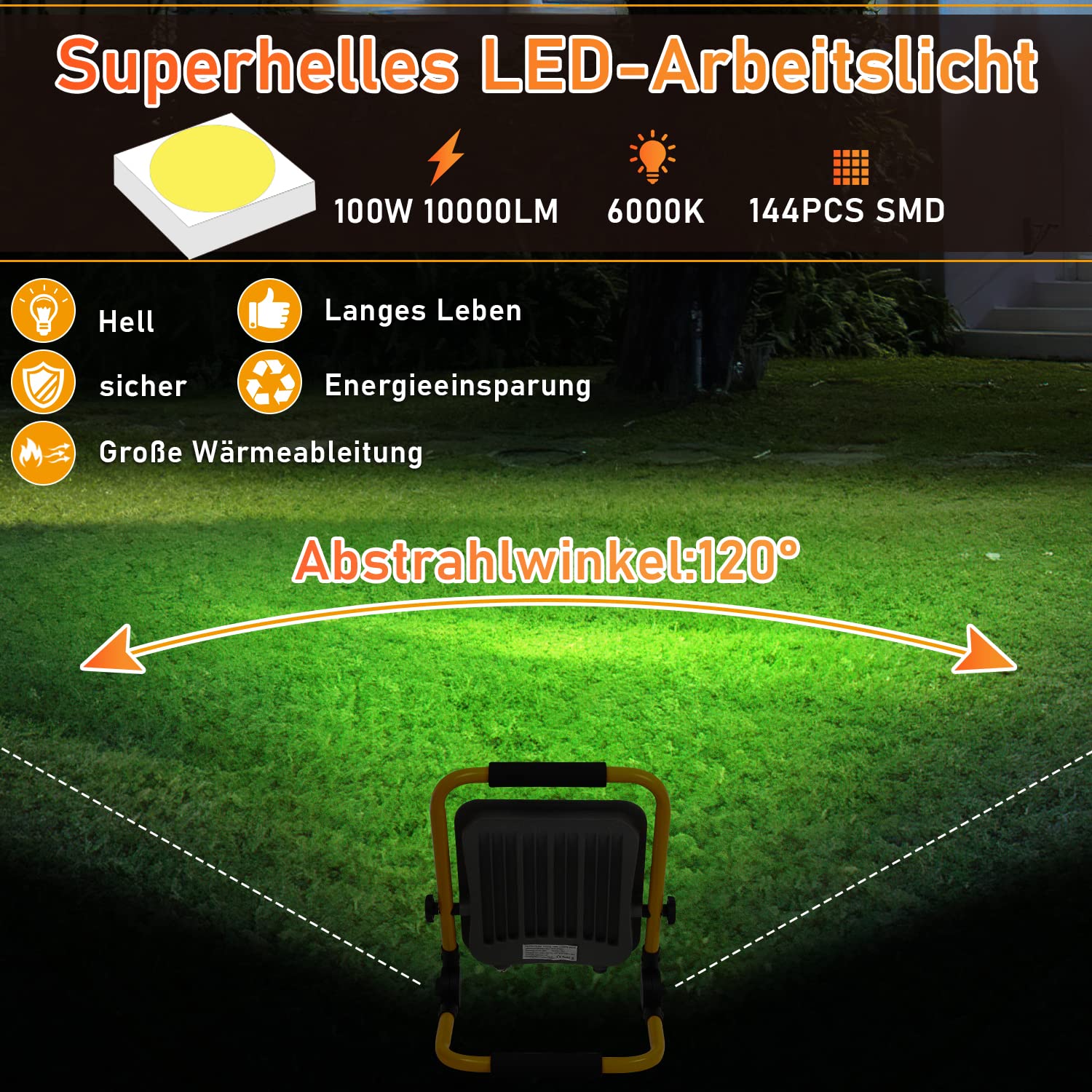 Randaco LED Baustrahler, 4x100W 10000LM Tragbar LED Arbeitsleuchte Baustrahler 6000K Kaltweiß Bauscheinwerfer, IP66 Wasserdicht mit 3M Kabel und Faltbarer Ständer, für Baustelle (mit Stecker)