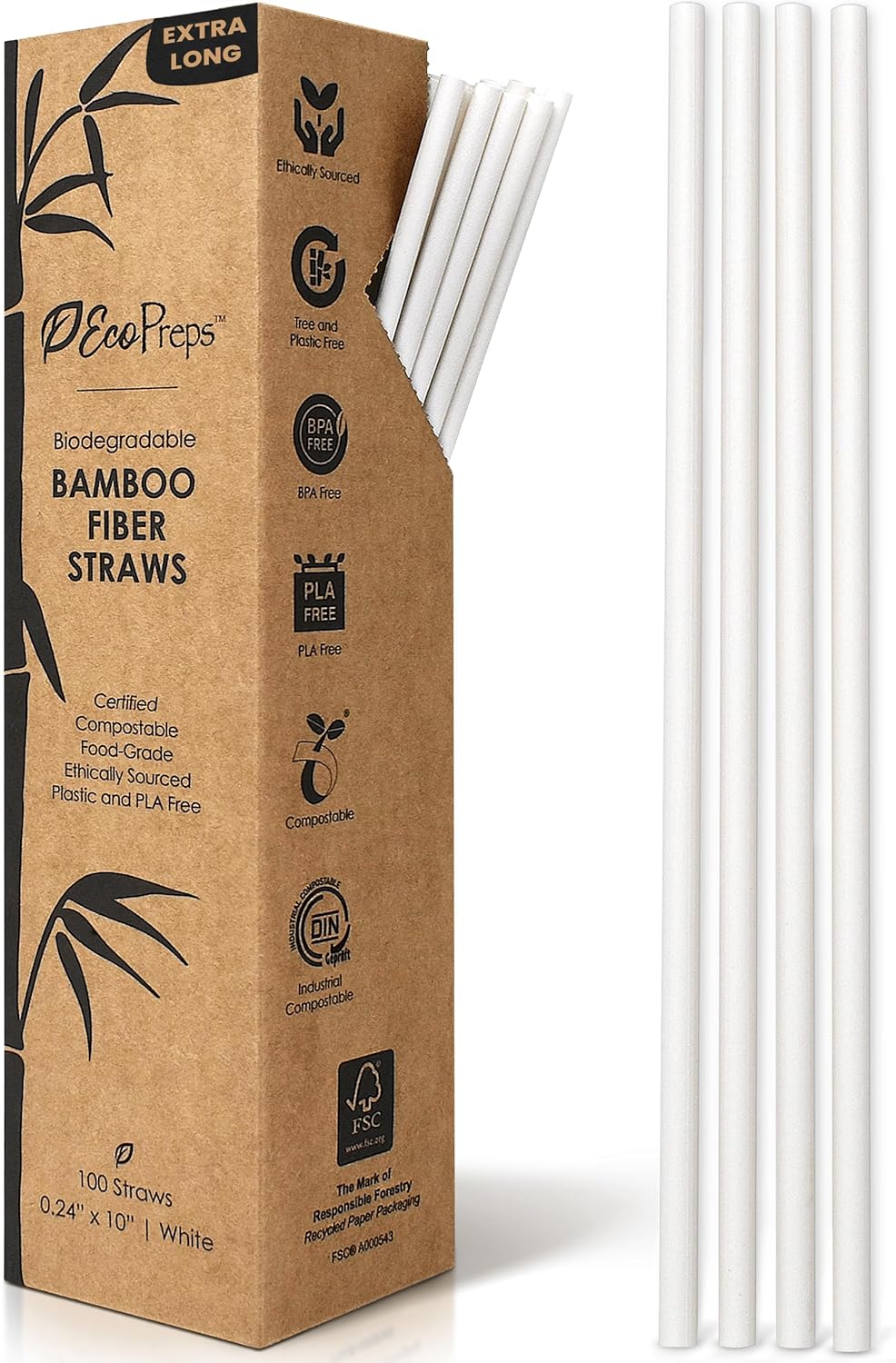 EcoPreps 10” Biodegradable Bamboo Fiber Straws, Extra-Long Individually Wrapped Straw | 300 Count, 100% Compostable, Plastic-Free, Eco-Friendly Drinking Straw | 10-Inch Plant Fiber Disposable Straws