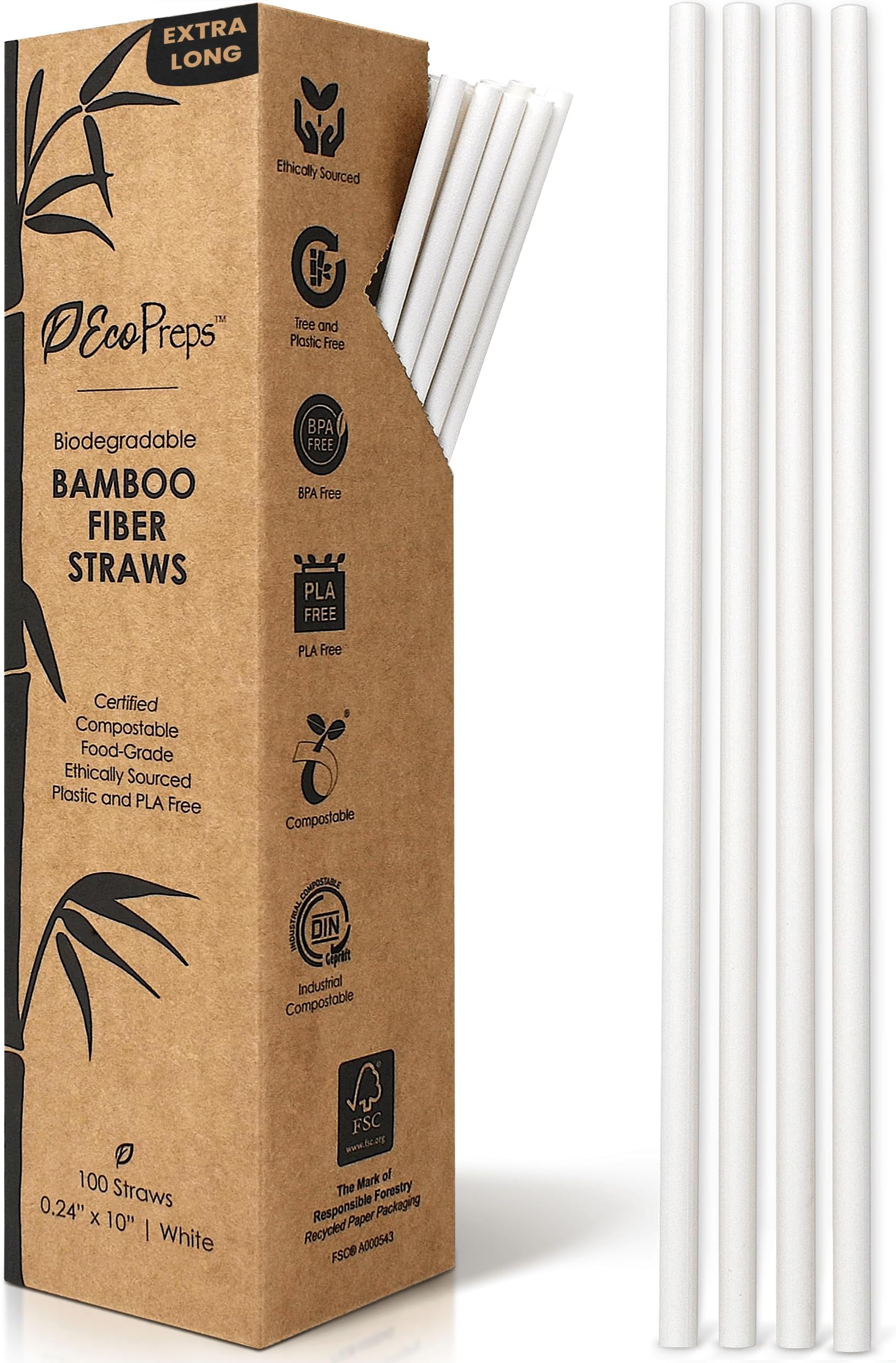 EcoPreps 10” Biodegradable Bamboo Fiber Straws, Extra-Long Straw | 100 Count, 100% Compostable, Plastic-Free, Eco-Friendly Drinking Straw | Plant Fiber, Party Jumbo Disposable Straws, 10 Inches Tall