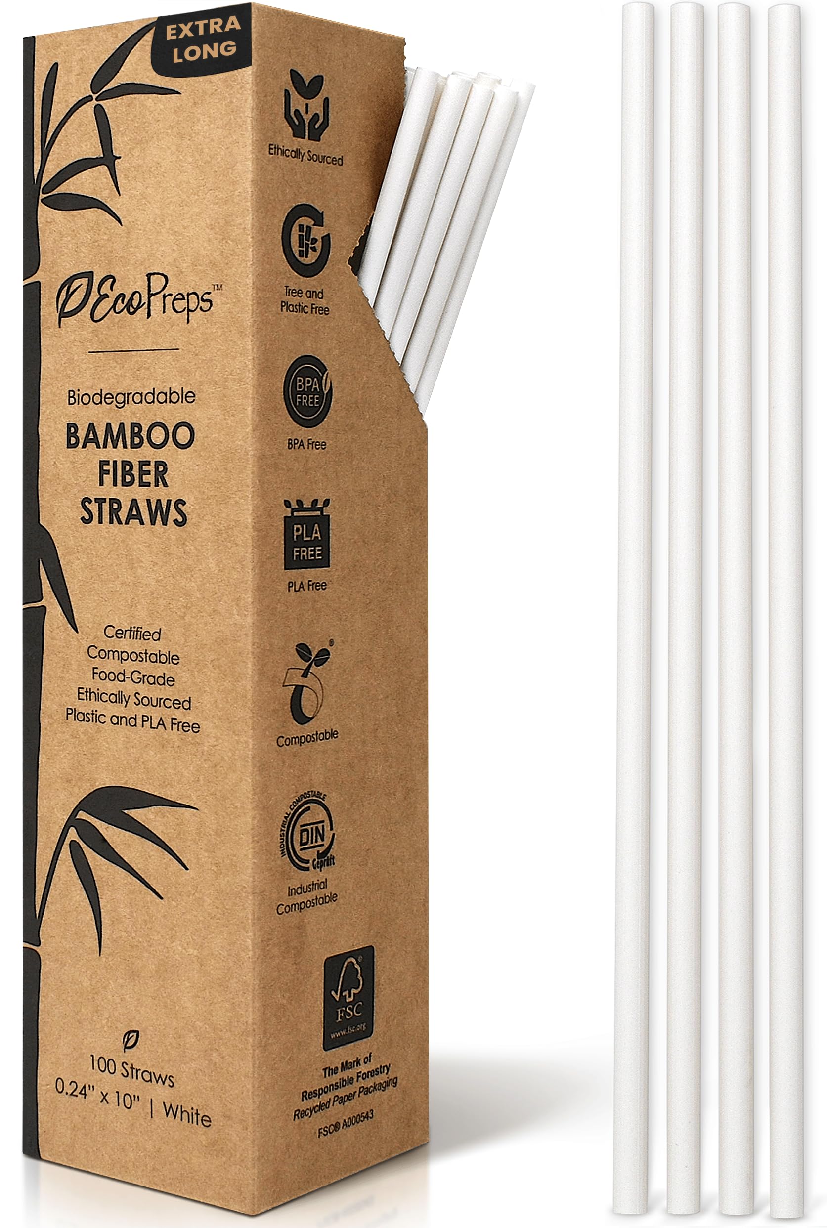 EcoPreps 10” Biodegradable Bamboo Fiber Straws, Extra-Long Straw | 100 Count, 100% Compostable, Plastic-Free, Eco-Friendly Drinking Straw | Plant Fiber, Party Jumbo Disposable Straws, 10 Inches Tall