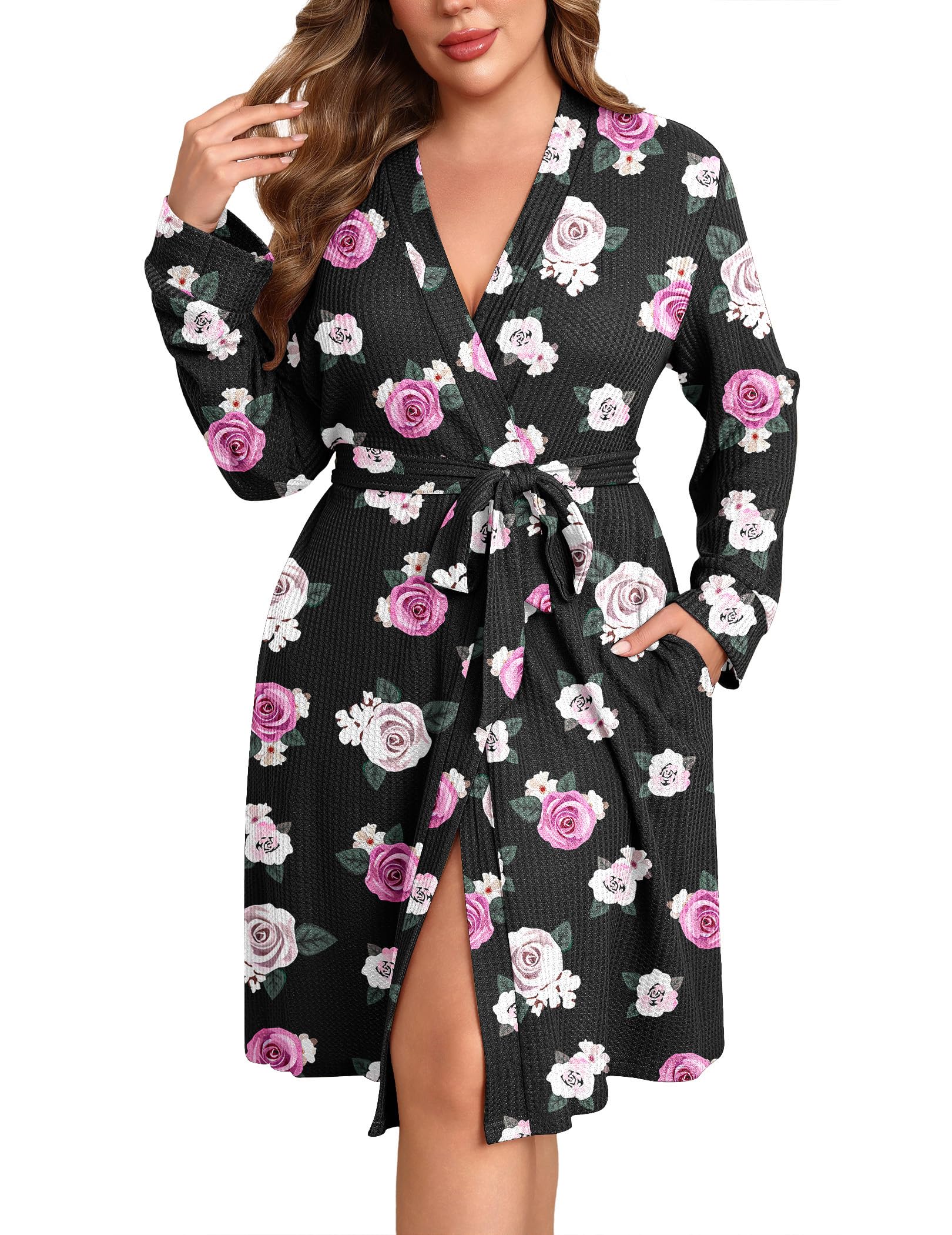 Ekouaer Womens Plus Size Robe Waffle Knit Bathrobe Short Lightweight Kimono Robes with Pockets Maternity Robe 1x-5x
