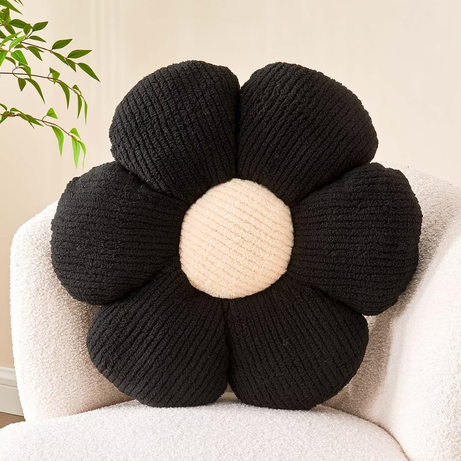 Kcvvcr Flower Throw Pillow, Soft Black 17.7" Shaped Floor Pillow for Home Decor, Cute Aesthetic Plush Decorative Pillows for Bed, Sofa, Couch