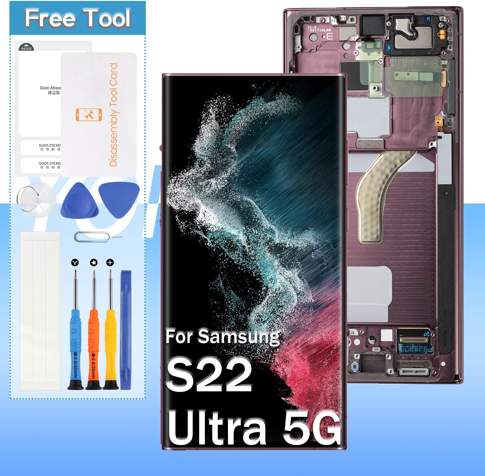 [for US Version] Yondista for Samsung Galaxy S22 Ultra 5G Screen Replacement 6.8" AMOLED SM-G908a, SM-S908u, SM-S908w LCD Display Touch Digitizer Assembly with Tools(Burgundy with Frame)