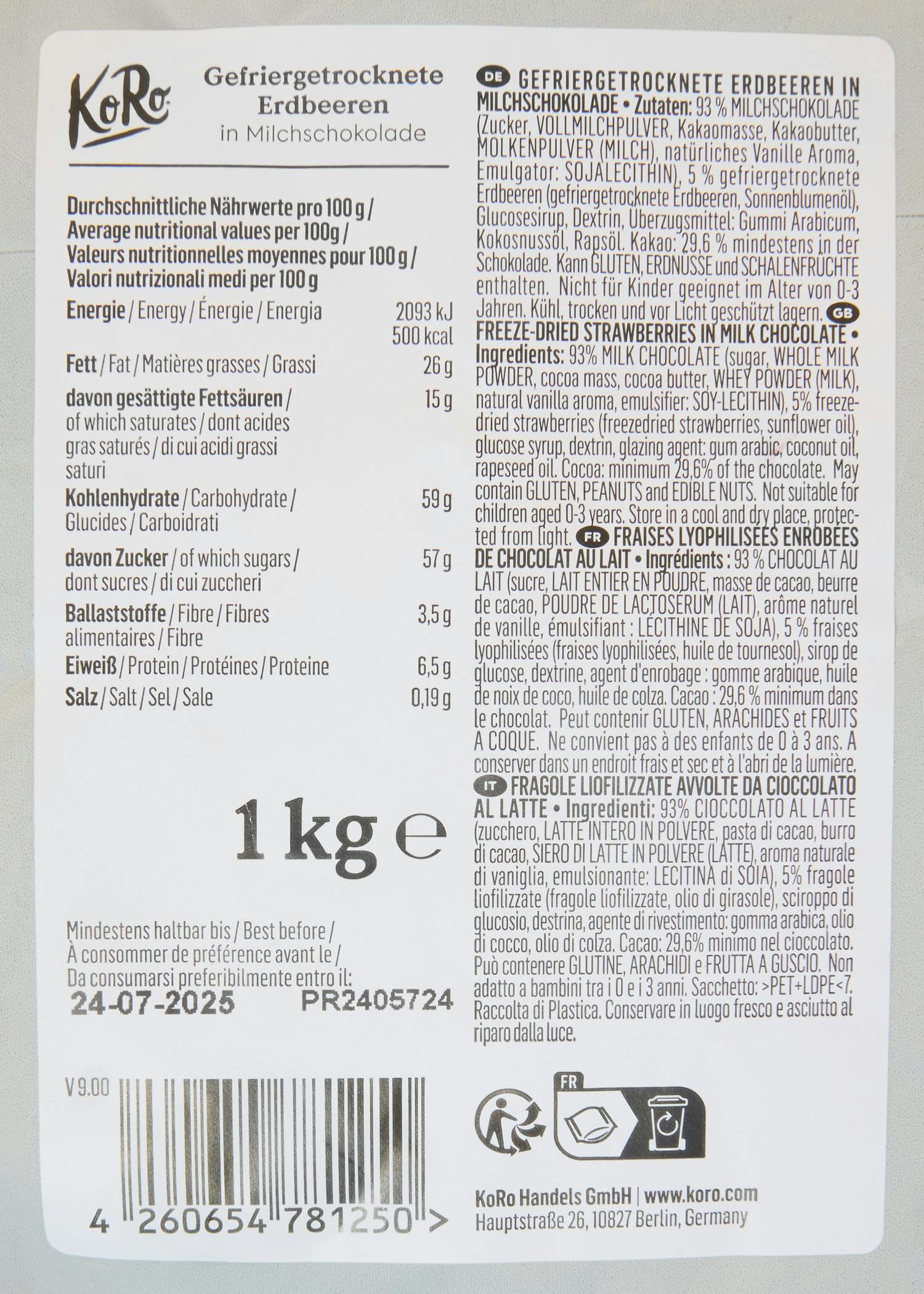 KoRo - Fraises lyophilisées au chocolat au lait 1 kg - Fruité et croquant - Snack dans un paquet avantageux
