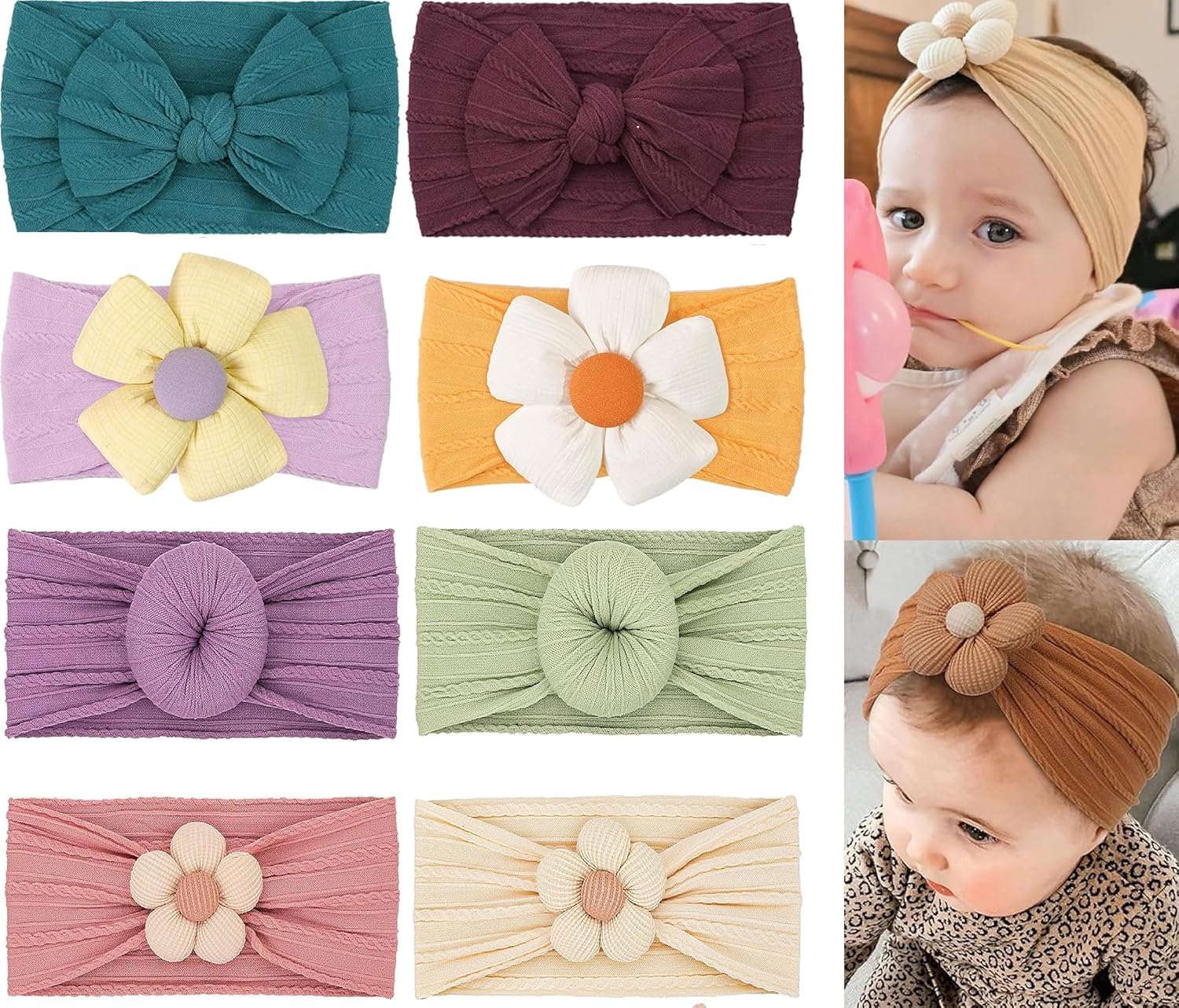 Dv Ventum 4 Pcs Baby Flower Headbands Nylon Head Bands Soft Elastics Stretchy Cute Warm Hairbands Hair Bow Accessories for Girls Newborn Infant Toddler Kids Baby Essential Products Handmade (4 Pack) (4 Pcs)-image-17