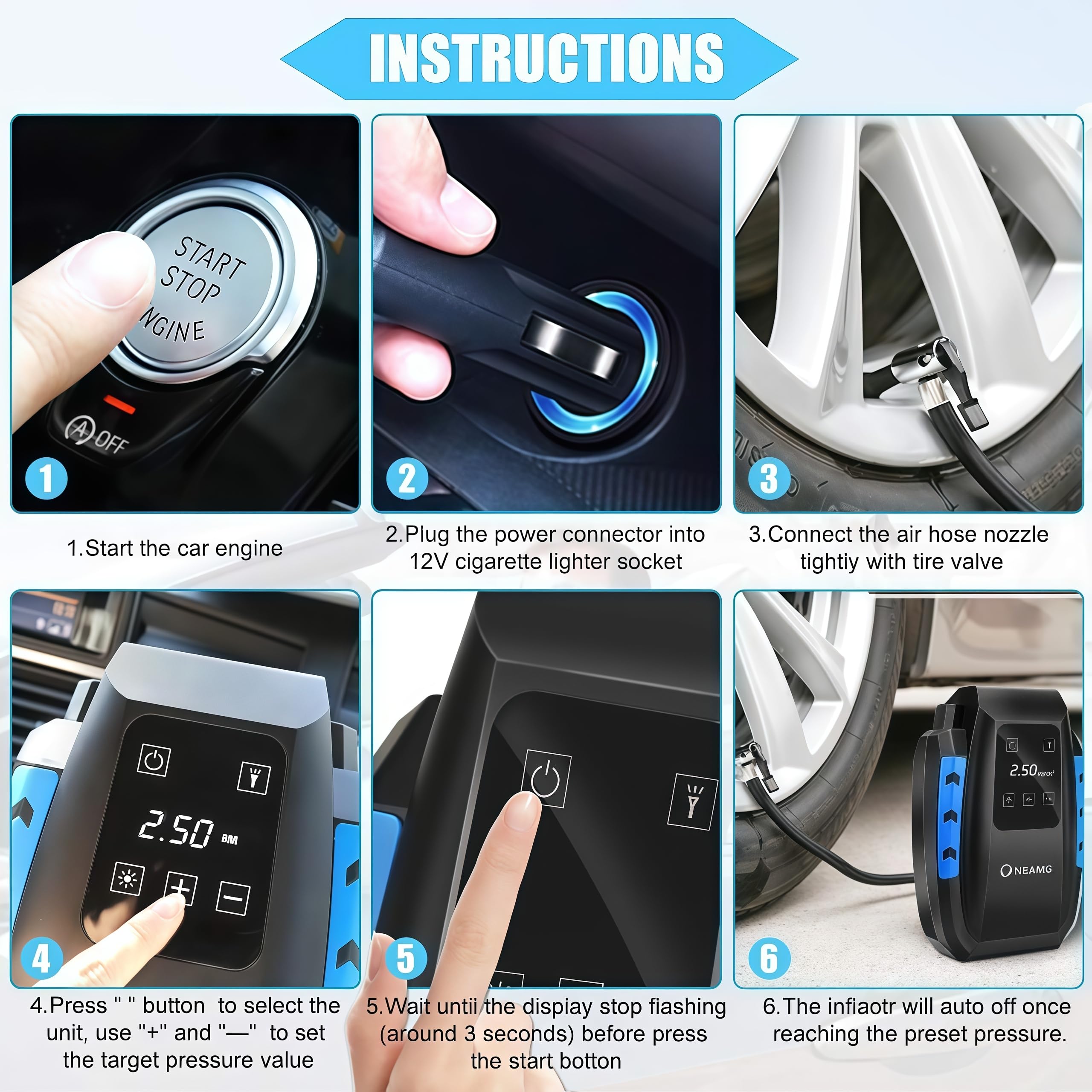 Compresor de Aire Eléctrico Portátil Alimentado con Manómetro 12V con LED Luces de Emergencia para Hinchar Neumático de Moto Coche y Bicicleta (Negro)