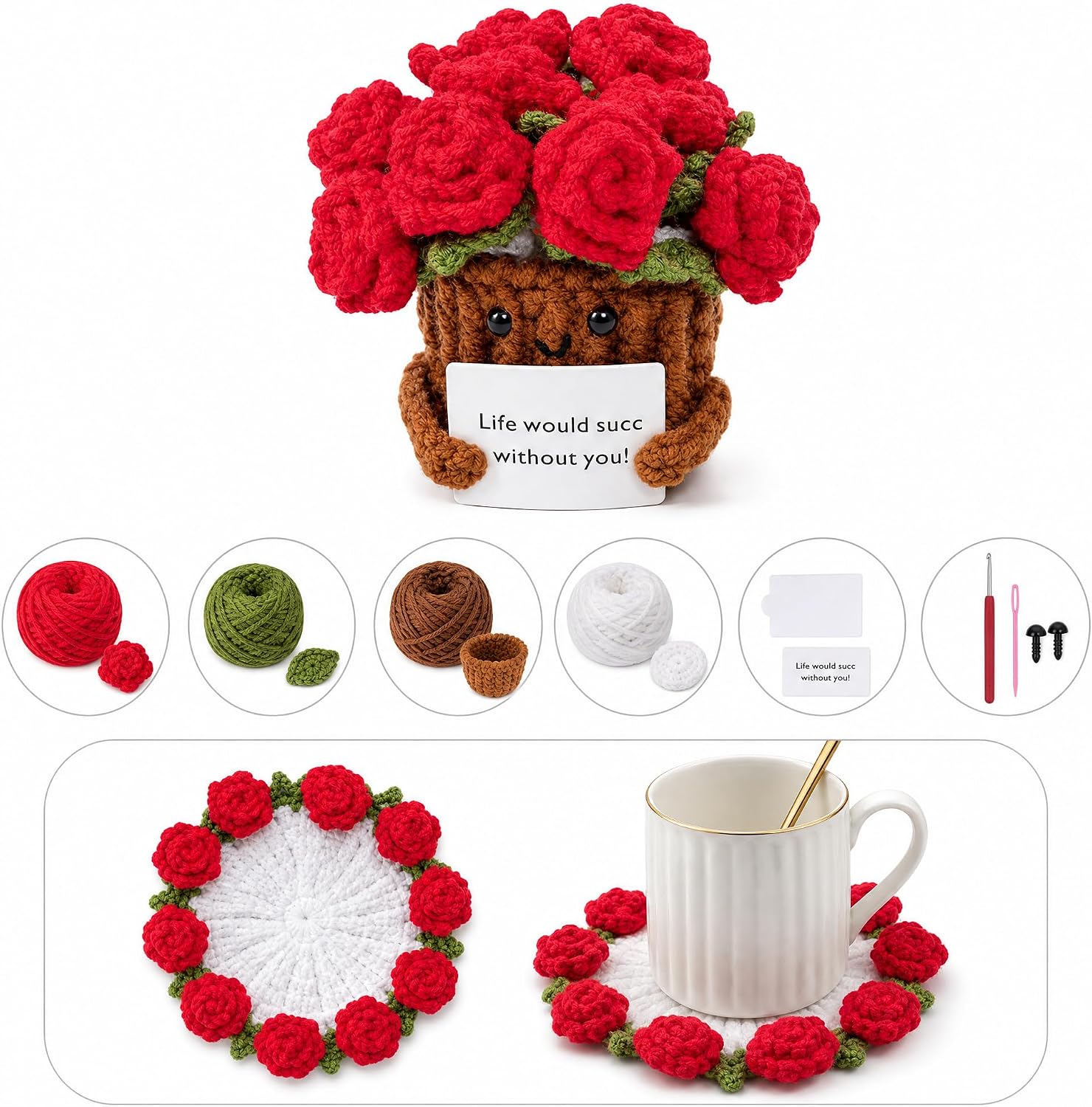 Crochet Flowers Coasters with Positive Card, 2-in-1 Handmade Coaster with Crochet Plant Pot Fun Soft Decorative Drink Coasters for Coffee Tabletop Protection Home Decor and Desk Decorations for Women