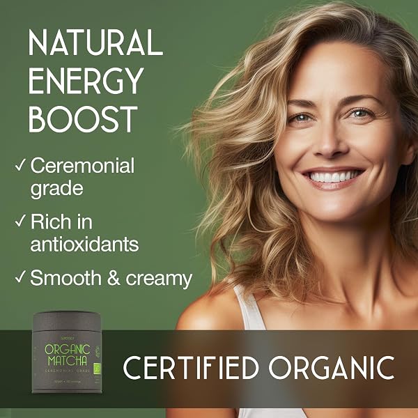 SuperSelf Organic Matcha Powder - Ceremonial Grade & 100% Pure - Smooth Taste & Vibrant Green - Macha for Straight Tea, Lattes, Baking - Certified Organic - Japanese Stone Ground Method - 50g Gift Tin - 2