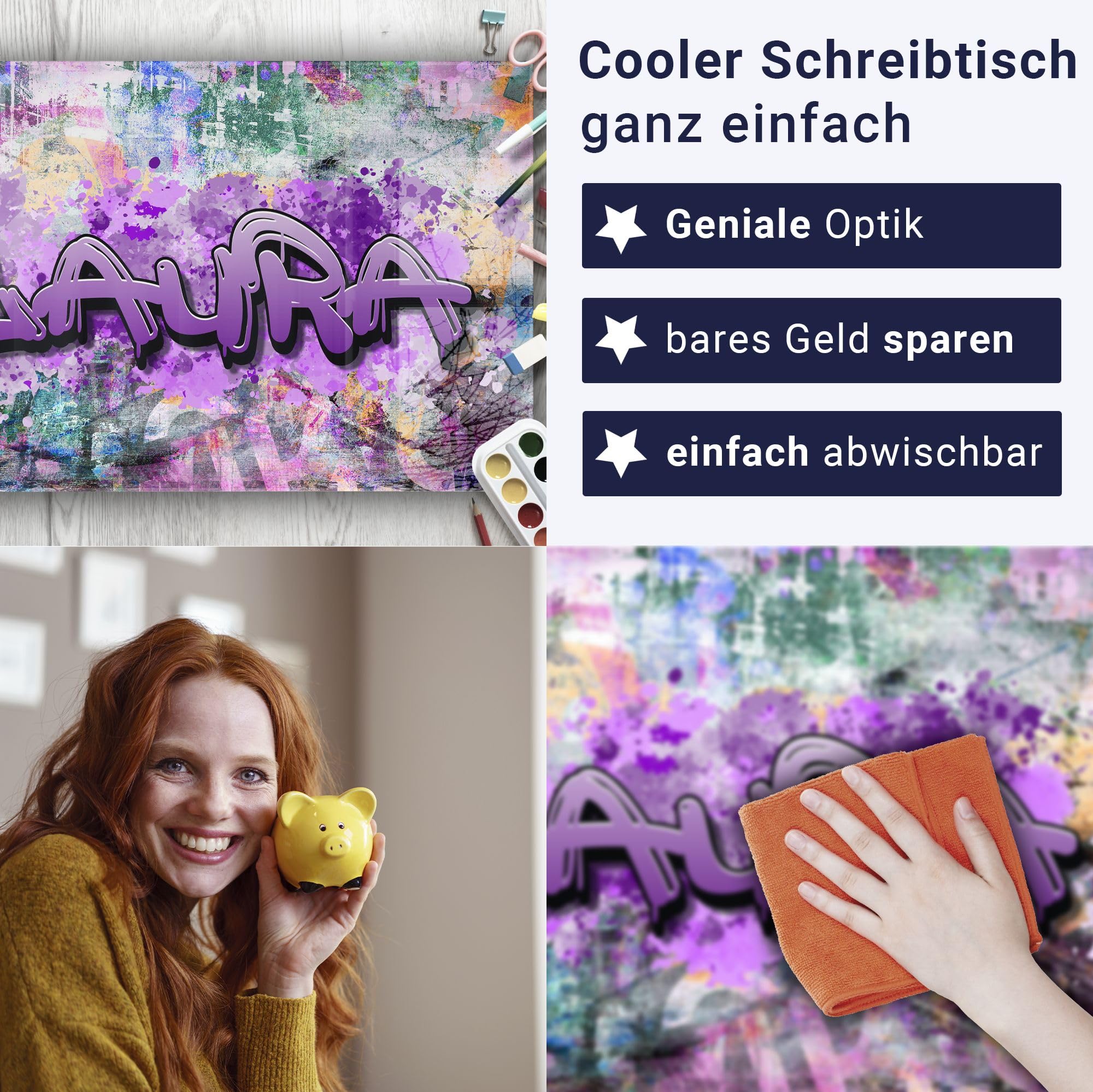 Gamer Schreibtischunterlage personalisiert mit Namen | 80 x 60 cm Graffiti für Mädchen | wasserfeste Schreibunterlage, abwischbar, hochwertiges Acrylglas, gaming Motiv Teenager Kunststoff