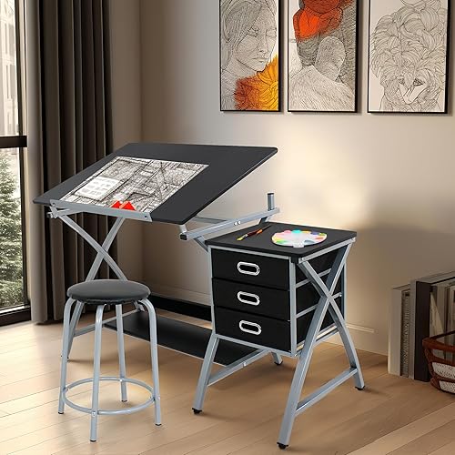 Miniatura 7 de HomGarden Mesa de dibujo con taburete ajustable en altura con 3 cajones de almacenamiento para escritorio de dibujo para pintores artistas, dibujar,