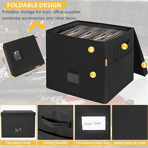 Miniatura 3 de IBVIVIC Caja de almacenamiento de discos de vinilo con tapas, estuche de viaje para discos de vinilo con capacidad para más de 80 LPs, bolsa de