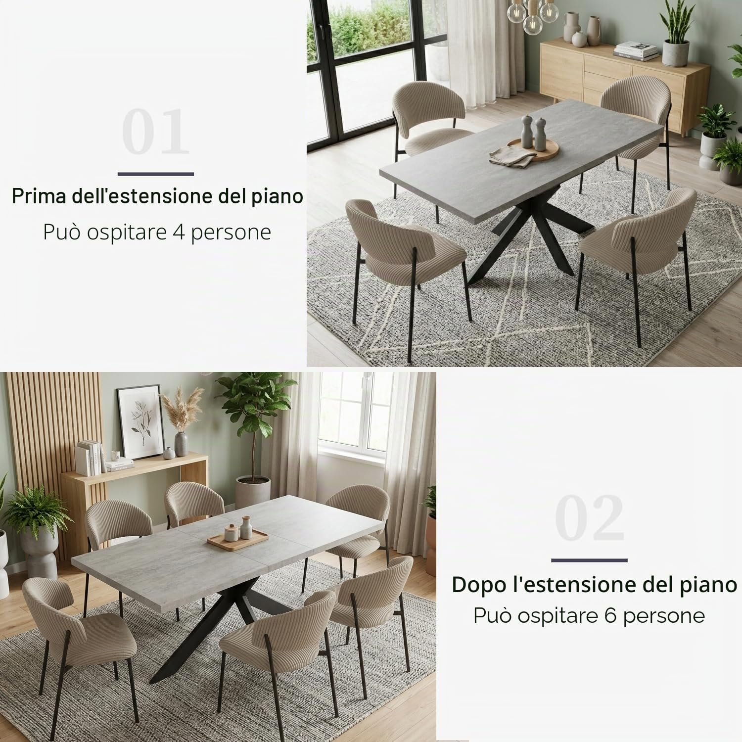 JIEXI Set di 6 tavoli da pranzo allungabili, 130 x 170 cm, 6 sedie in tessuto, superficie rettangolare in MDF e polvere di cemento, stile moderno e contemporaneo, per sala da pranzo e cucina