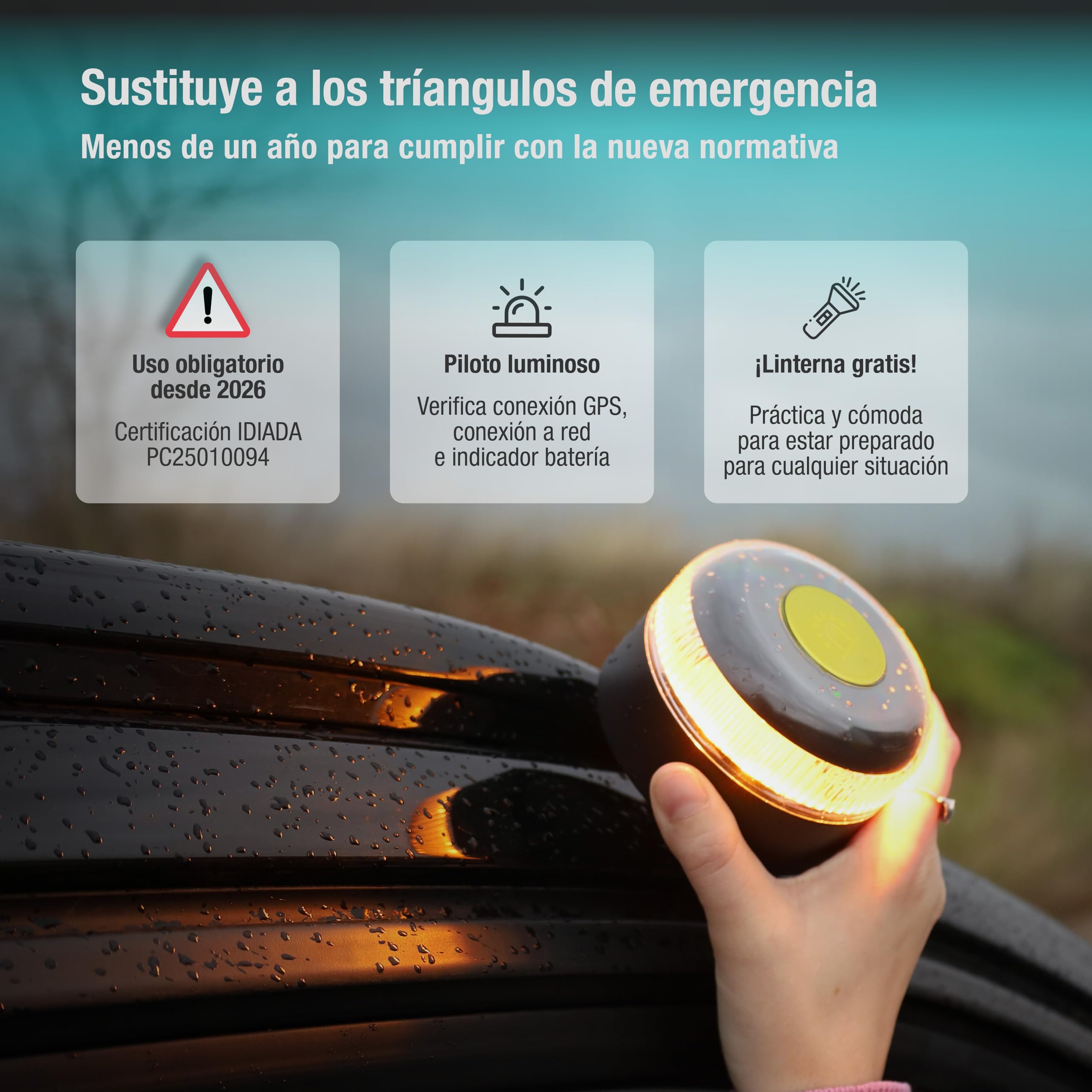 PMK GRUPO | Baliza V16 Conectada Homologada 2026 | Datos incluidos (hasta 12/2038) | Luz Emergencia LED 360º 1 km | Geolocalización GPS + SIM incluida | Conexión a DGT (Pack 2 balizas + 2 linternas)