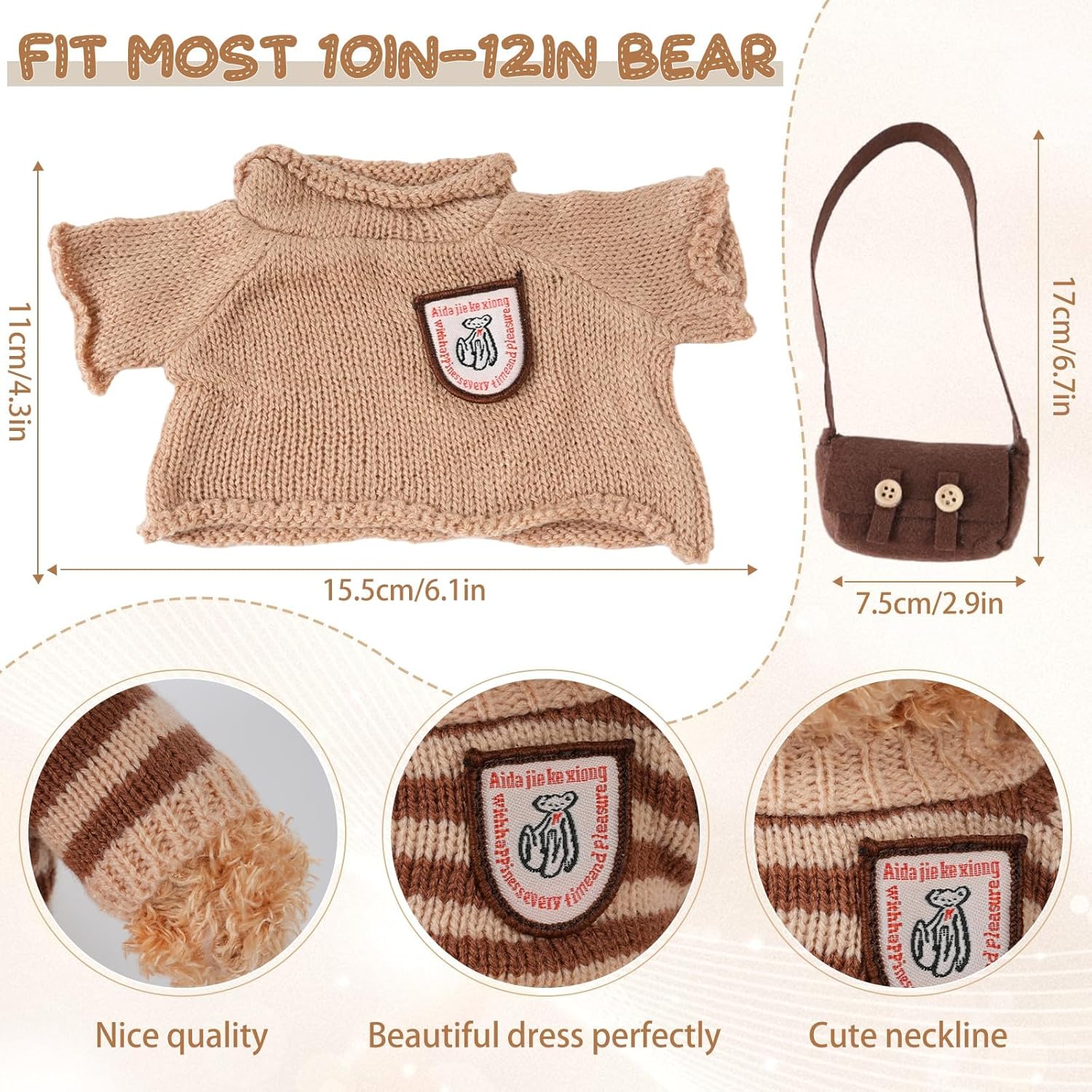 16 Pcs Bear Clothes Outfits Fit 10-12 Inches Animal Plush Including 8 Sweaters and 8 Bags Cute Stuffed Animal Doll Accessories