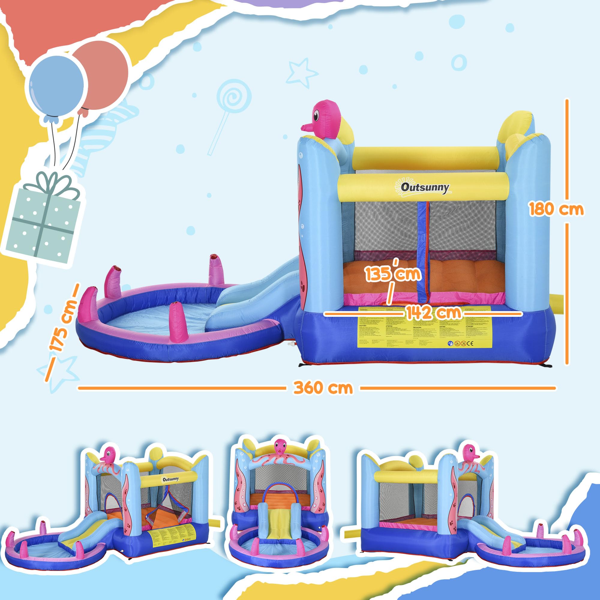 Outsunny 3en1 Castillo Hinchable tobogán niños 3-8 3,6x1,75x1,8m