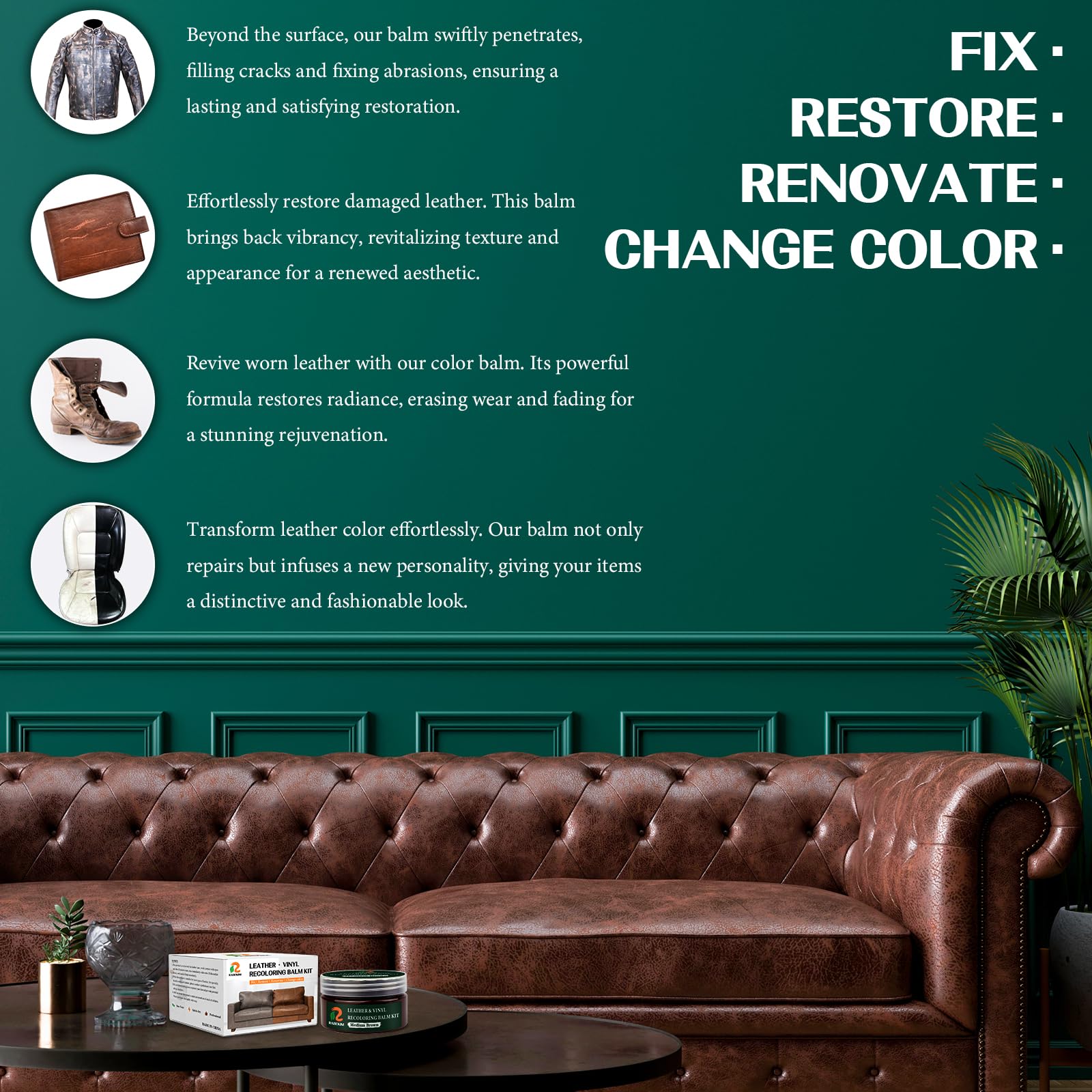 RABEKIM Medium Brown Leather Repair Kit, Leather Recoloring Balm, Leather Scratch Remover - Restore & Renew Scratch, Faded and Aged Leather & Vinyl Couches, Boots, Car Seats or Leather Furniture