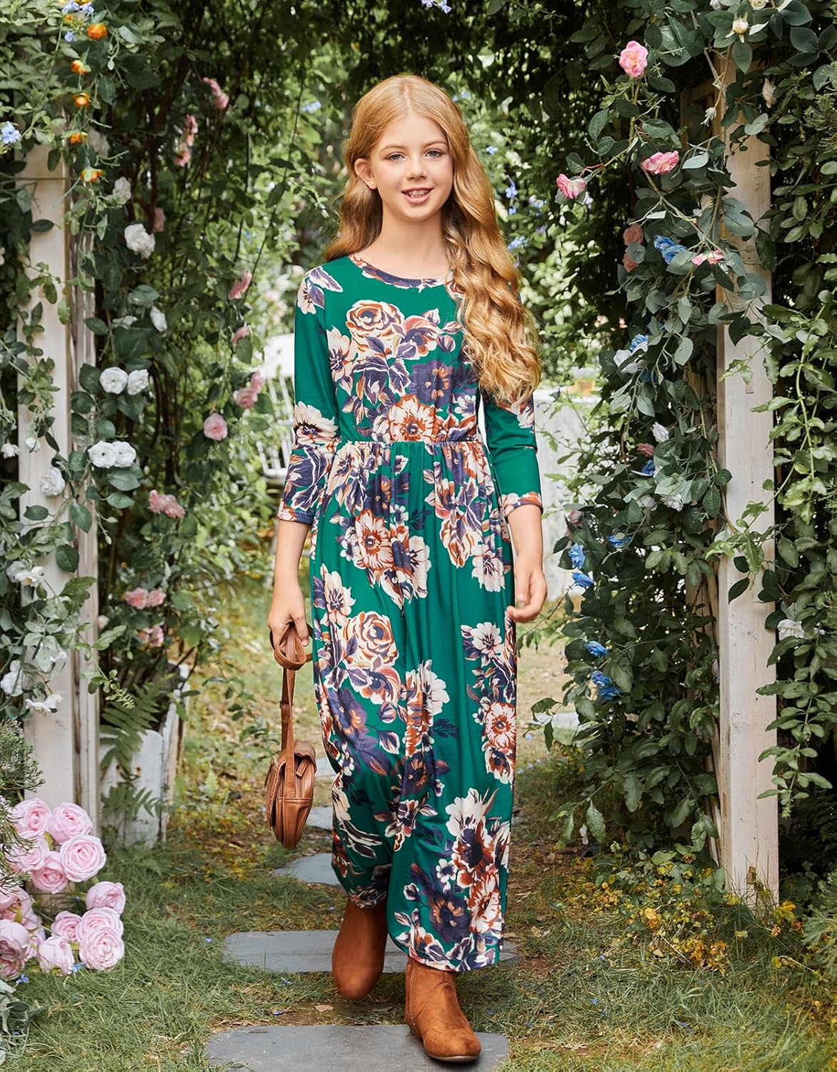 21KIDS Girls Maxi Dress Floral 3/4 Long Sleeve Dresses with Pockets for Girls 6-12 Years - Image 5