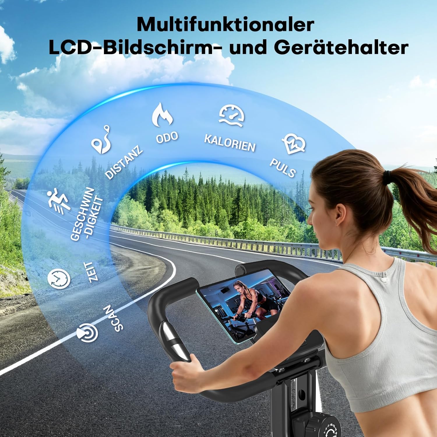 Woman using the vannect folding exercise bike, with an overlay showing the multifunctional LCD screen displaying metrics like distance, ODO, calories, pulse, speed, time, and scan function, along with a device holder.