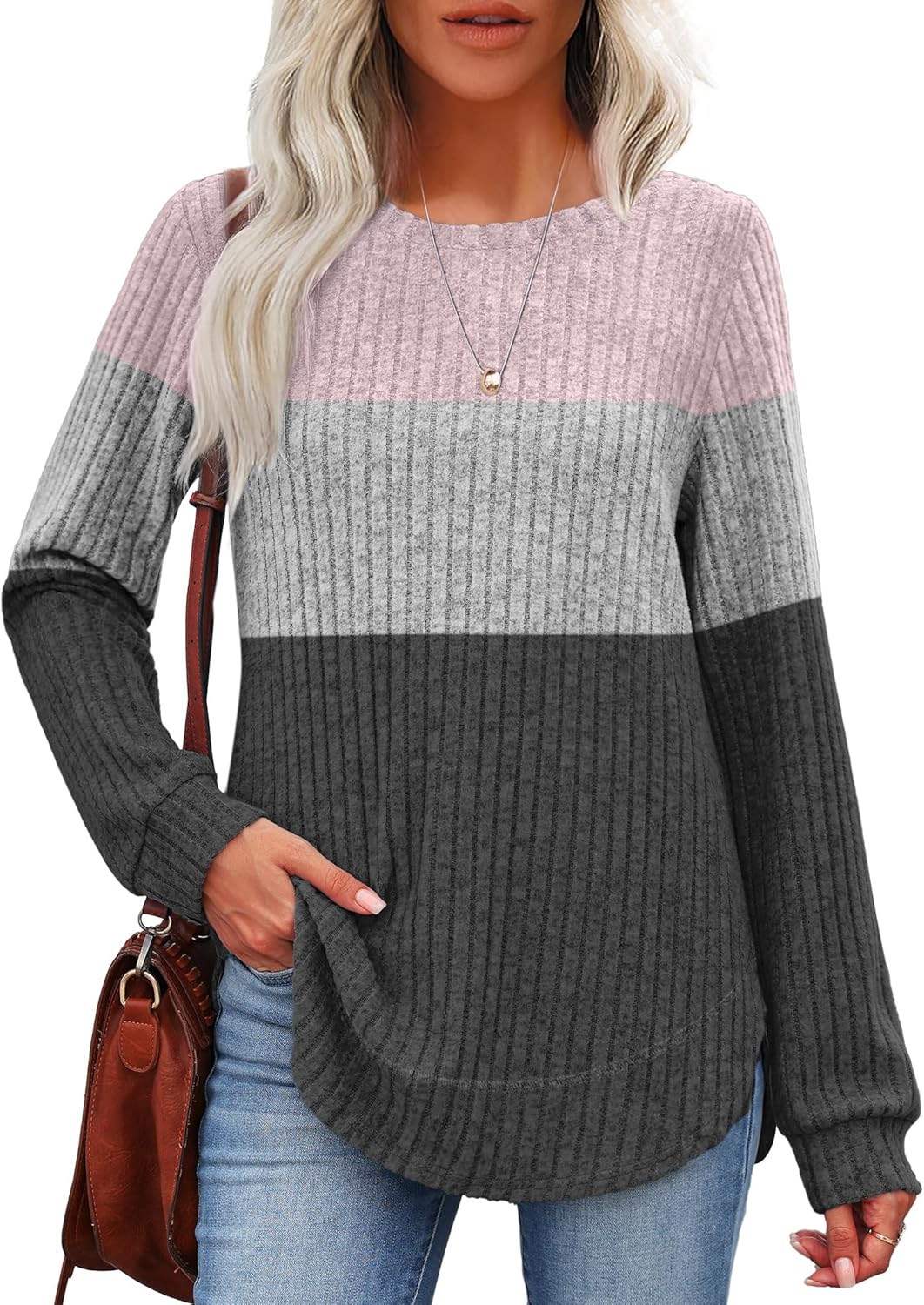 OFEEFAN Tunic Tops for Women Loose Fit Dressy Long Sleeve Shirts Womens Sweaters Crew Neck Fall Clothing with Curved Hem - Image 2