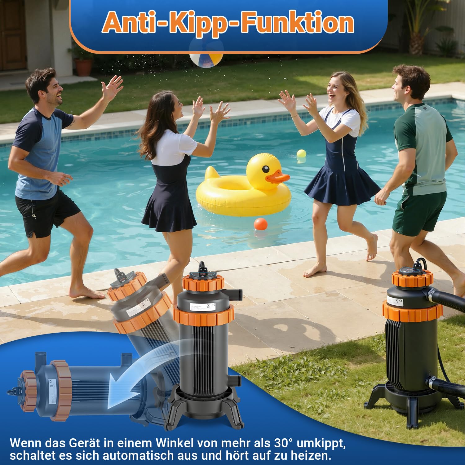 Calentador eléctrico para piscinas, diámetro de 29 x 42 cm, con interfaz digital, 32-38 mm, protección contra fugas, protección contra vuelco, ignífugo, calefacción hasta 45 grados