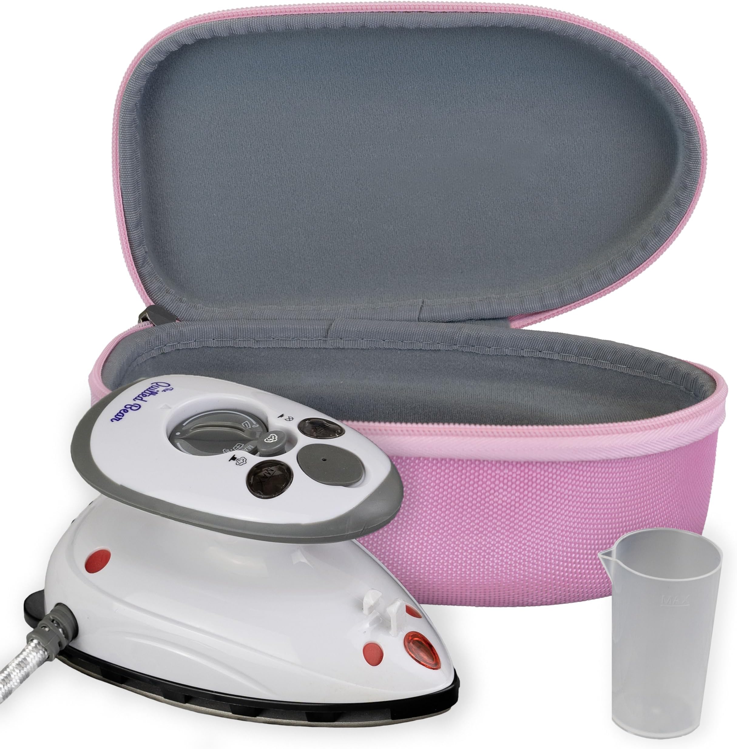 The Quilted Bear Mini Iron - Lightweight Steam With Ceramic Sole Base Plate & Temperature Gauge For Use As A Quilting Or Travel (Pink Case) (Qbmic-Pnk)