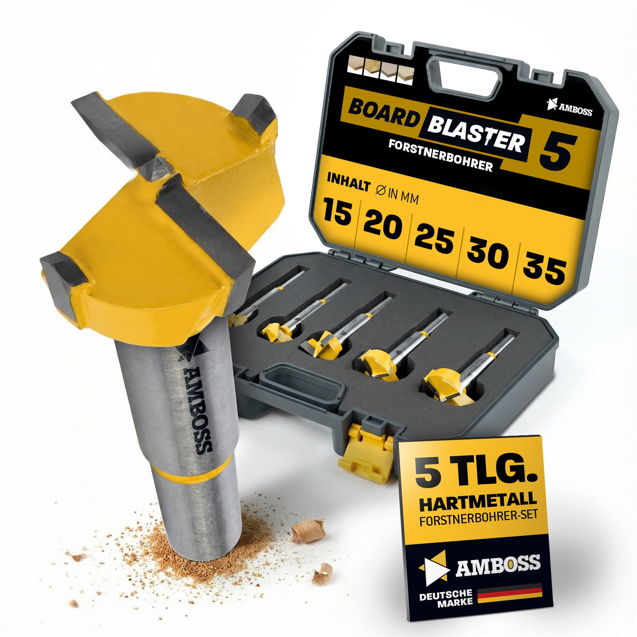 Forstnerbohrer Set (5-tlg. / Ø 15-35 mm) – Amboss Werkzeuge BOARDBLASTER Hartmetall Holzbohrer 15/20/25/30/35 mm – präzise Bohrungen Holz & Plattenwerkstoffe (Spanplatten, OSB-Platten, Multiplex)