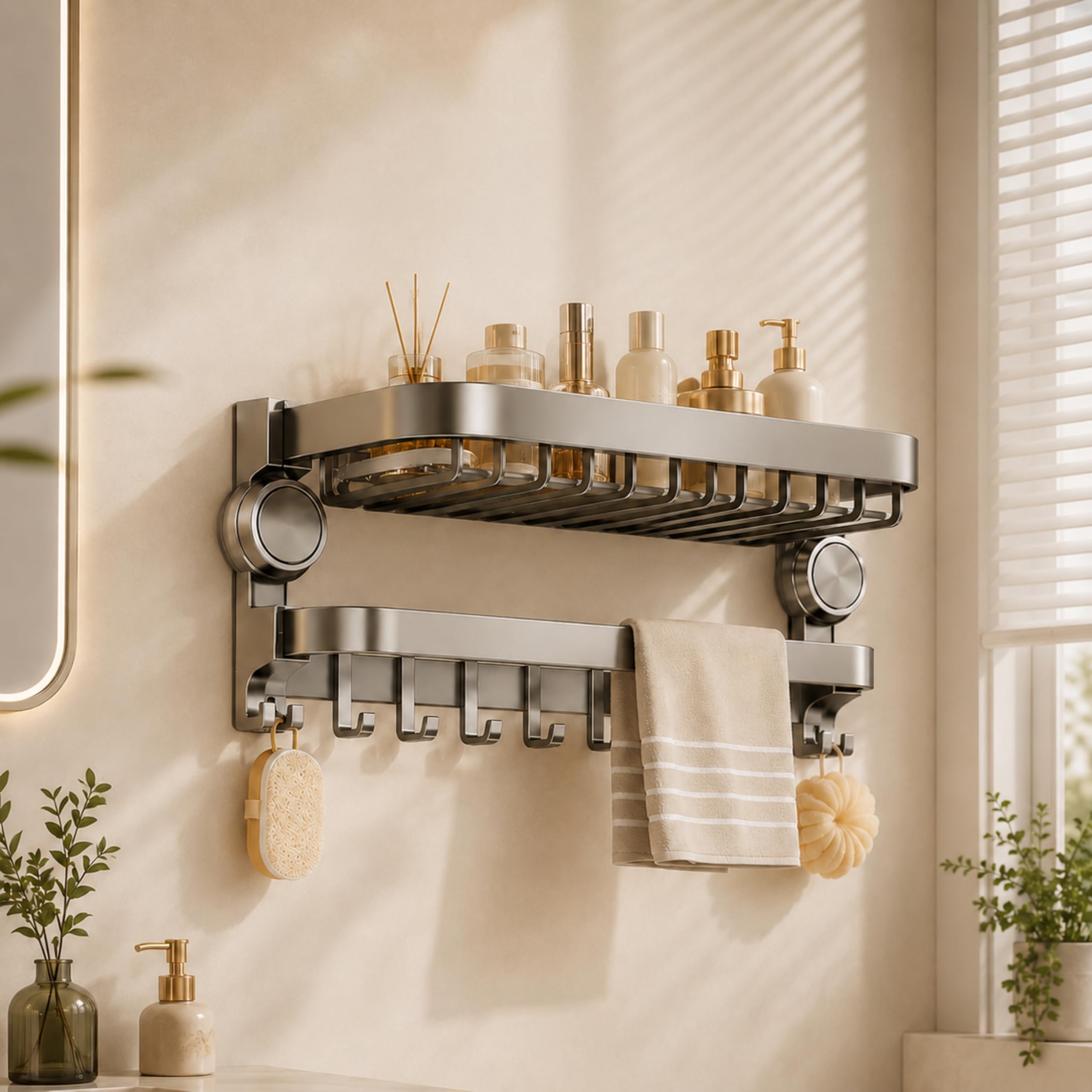 Homero Stainless Steel Folding Bathroom Rack, 50 cm Wall Mounted Towel Rack with Hooks, Space Saving Storage Shelf for Bathroom, Kitchen & Laundry, Drill & No-Drill Installation, Silver, Pack of 1-picture-30