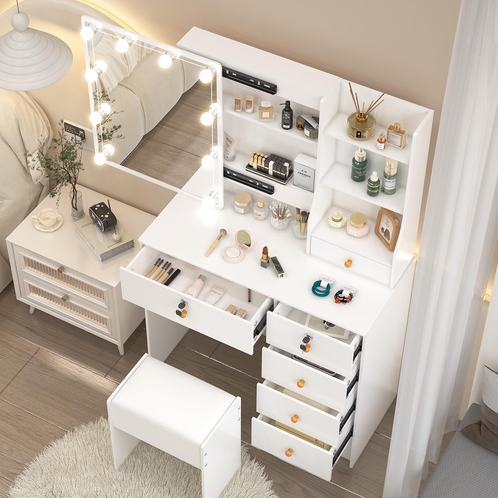 Toeletta da Trucco con Specchio Scorrevole e Sgabello, Scrivania Make Up Ampia con Luci Dimmerabili, 6 Cassetti e 6 Ripiani, 36×80×132 cm, Bianco, J72806