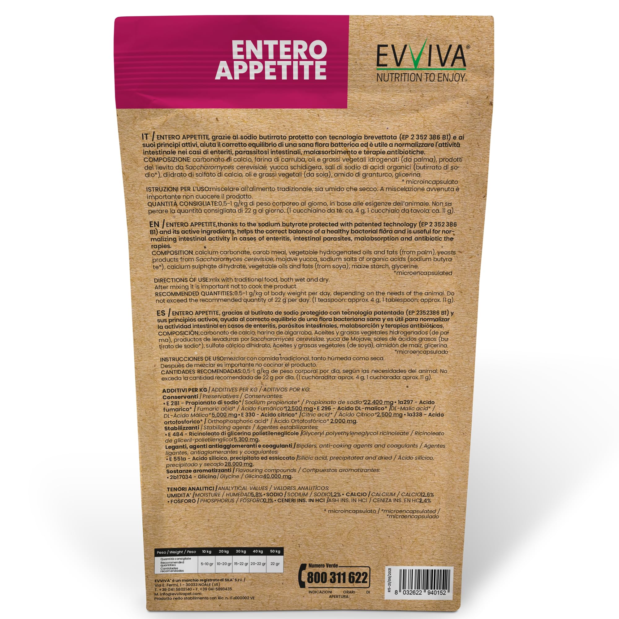 EVVIVA Entero Appetite | Probiotici per Cani a base di Sodio Butirrato per l’Equilibrio della Flora Batterica e il Benessere Intestinale, Integratore per cani efficace soluzione per la Diarrea Cane