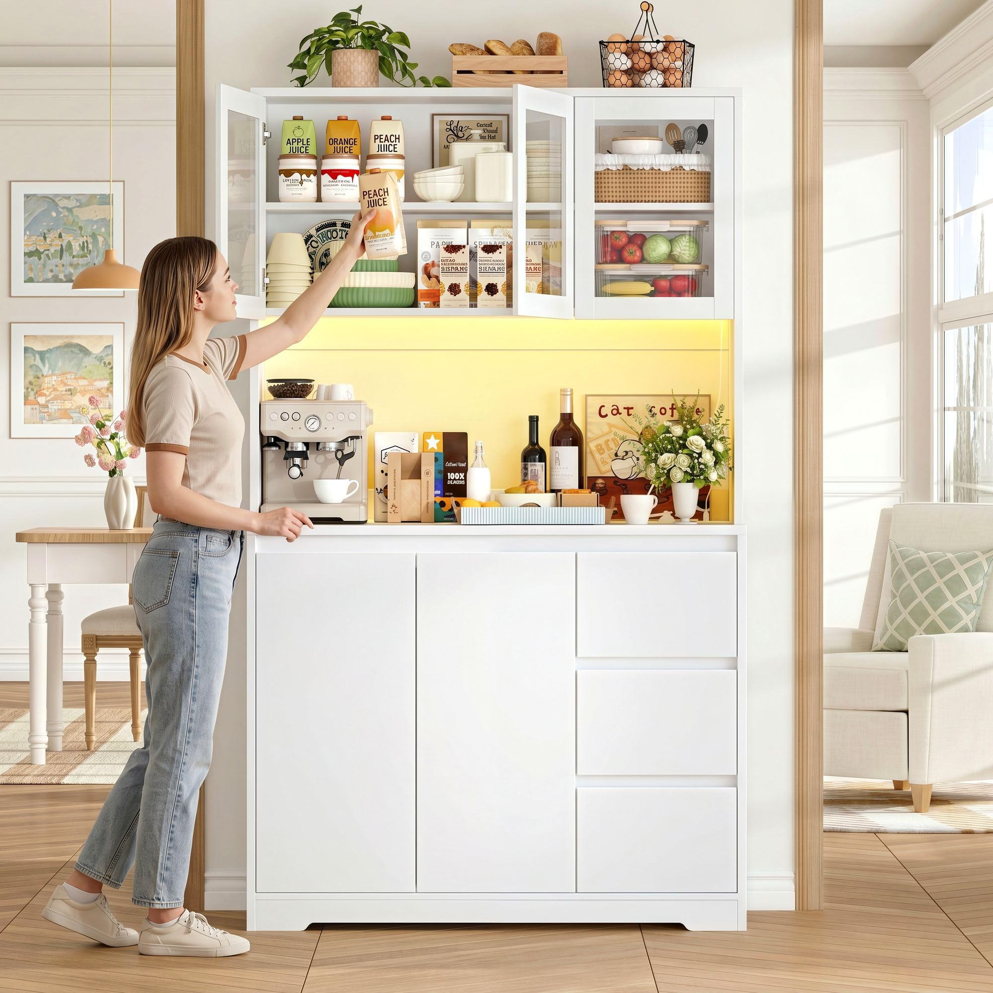 FirFurd 180 cm Küchenschrank Buffetschrank mit LED & Steckdosenleiste Vorratsschrank mit verstellbaren Einlegeböden Küchenschrank mit Arbeitsplatte Sideboard für Küche, Esszimmer 180x100x38,5 cm Weiß