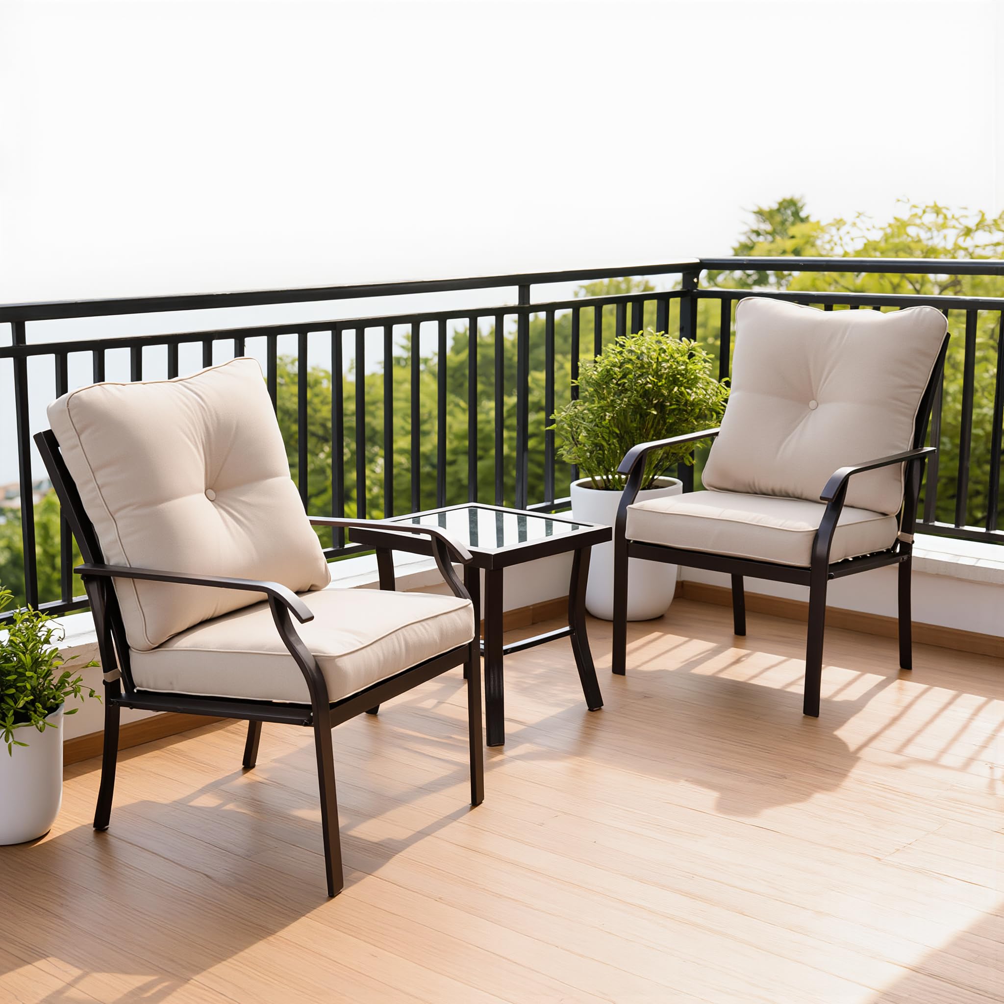 Set Bistro da Giardino 3 Pezzi BORA BORA – 2 Poltrone con Cuscini Beige + Tavolino Quadrato 50x50 cm Piano Vetro Temperato – Arredo Outdoor Balcone Terrazzo – Struttura Acciaio Marrone