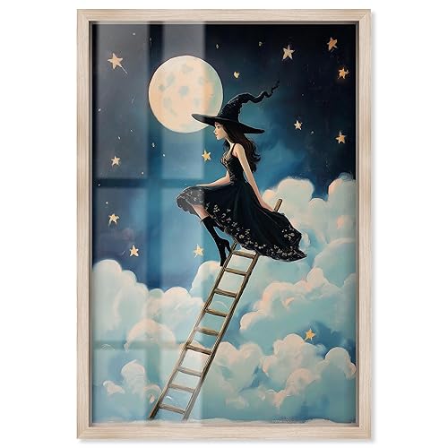 Witch on a Ladder Shadowbox Print Halloween Wall Decor by