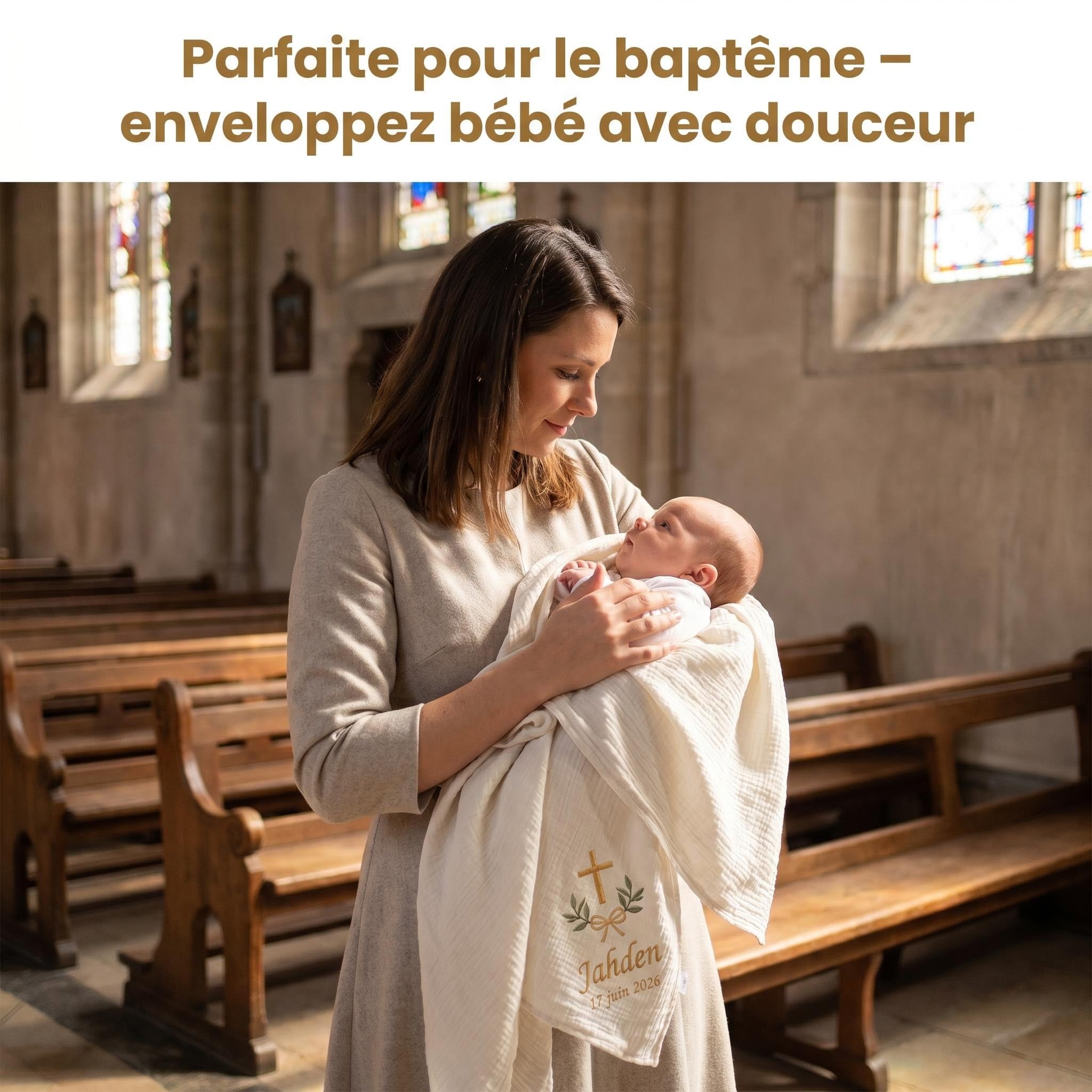 XIAOMA Couverture de Baptême Bébé Personnalisée – Coton Gaze Doux, Broderie Élégante, Style Français – Coffret Cadeau, Personnalisation 48H, Multi-Usage
