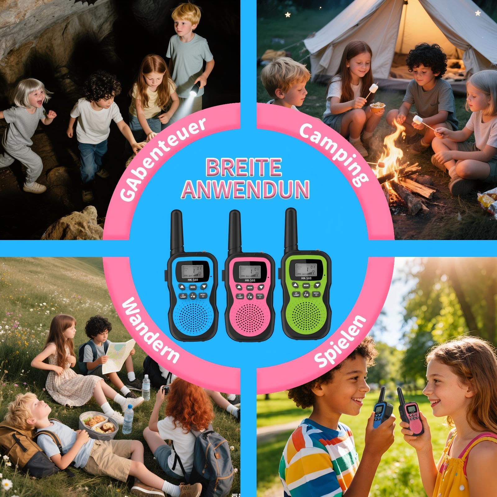 3er Set Walkie Talkie Kinder Aufladbar, 8 Kanäle, 48h Betrieb, Taschenlampe, 3 Kilometer Walkie Talkie Set，Geschenk für Jungen & Mädchen ab 3 Jahren – ideal für Camping, Spielplatz & Spielen