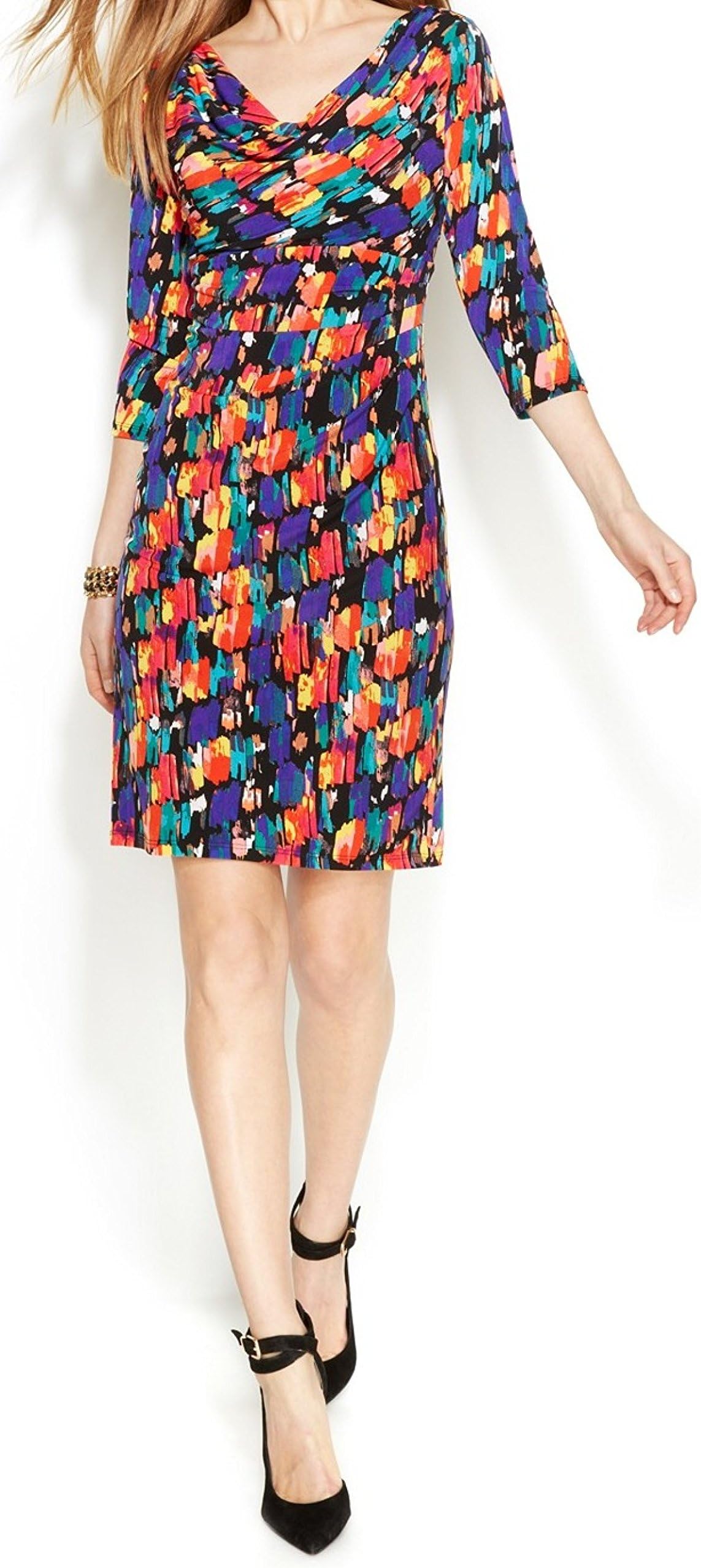 Anne Klein Women's 3/4 Sleeve Cowl Neck Printed Dress
