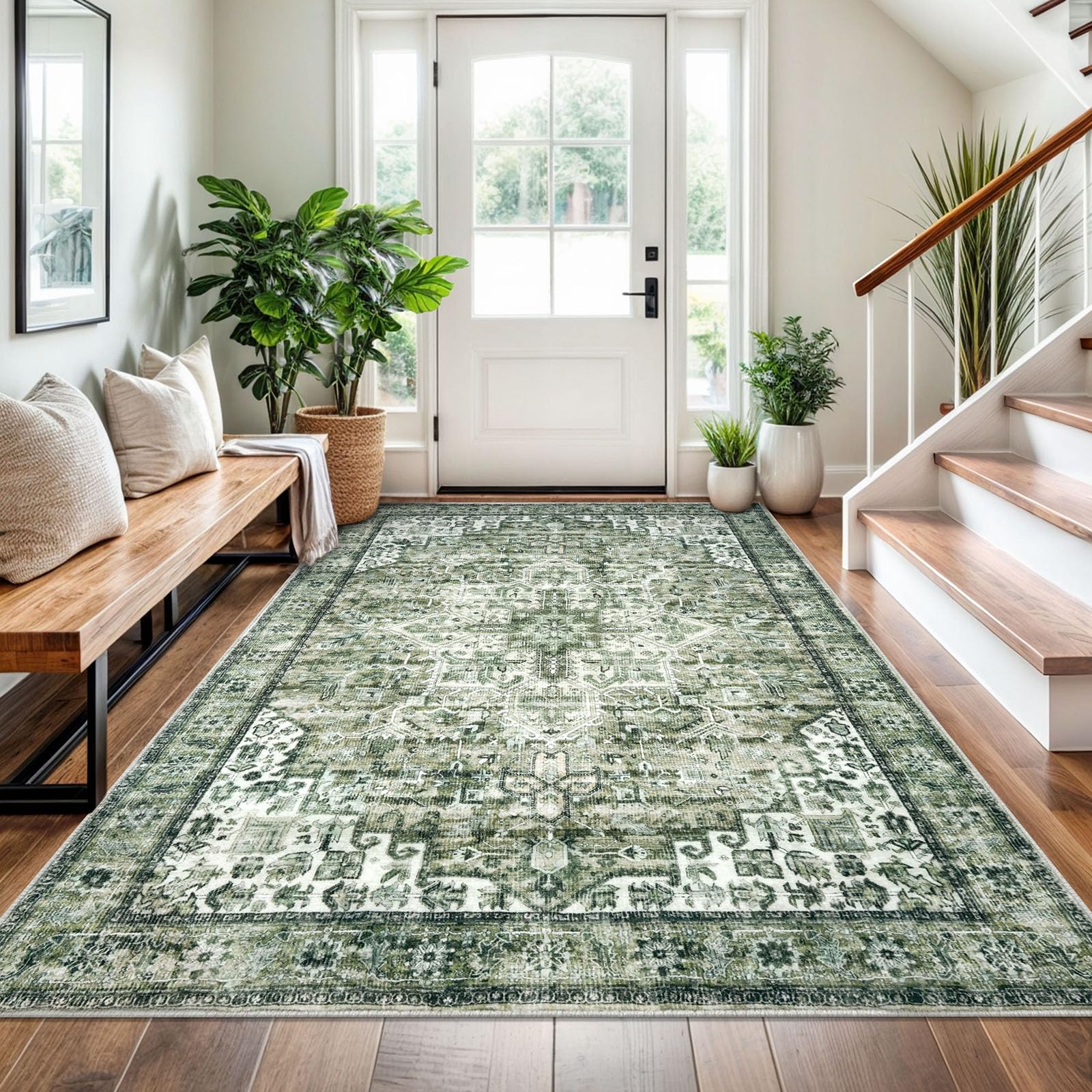 6x3 sage green washable rug for entryway, soft printed area rug, non-slip kitchen rugs, low-pile medallion indoor door mat, small farmhouse carpet for entrance kitchen foyer bedside