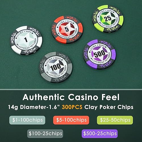 Miniatura 2 de ORIENGEAR Juego de fichas de póquer con denominaciones, 300 fichas de casino compuestas de arcilla de 0.49 oz con estuche ABS y 2 barajas de