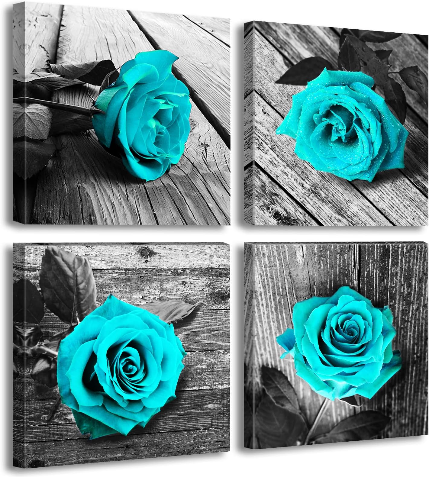 JiazuGo Teal Wall Decor Rose Flower Canvas Prints Black and White Wall Art for Home Rose Floral Turquoise Decor Modern Bedroom Pictures Bathroom Decorations Stretched and Framed Ready to Hang
