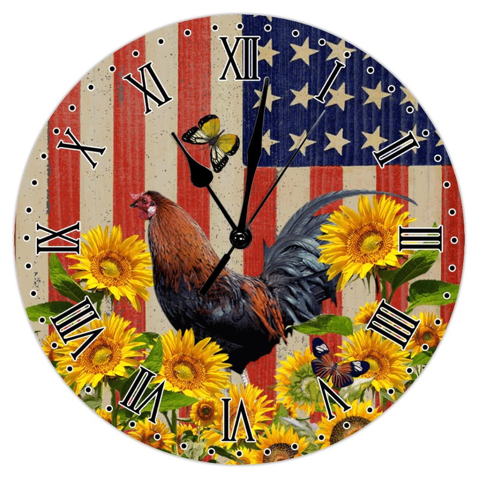 Horloge murale coq et tournesol style champêtre de 38 cm