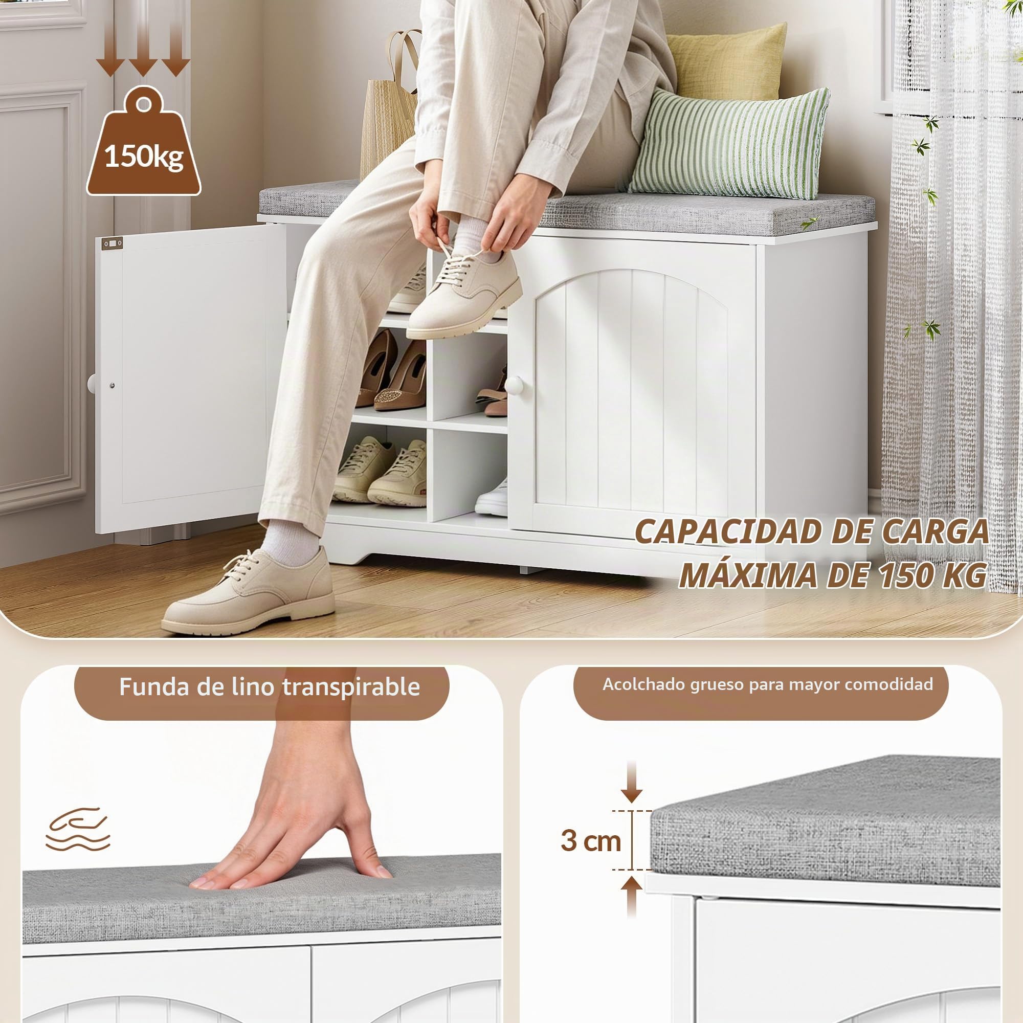 Banco Zapatero con Cojín, 80 x 34 x 55 cm, Blanco