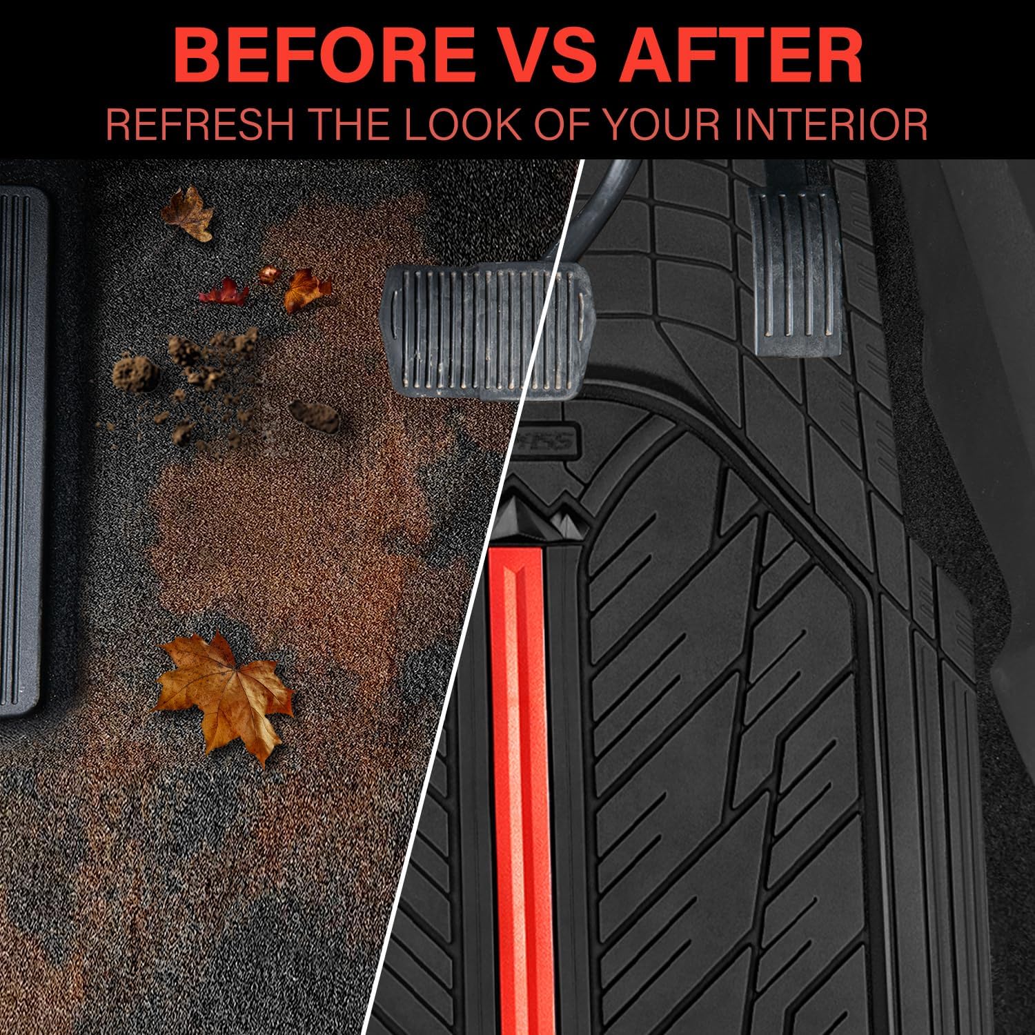 CAR PASS Rubber Floor Mats for Cars, Car Mats Full Sets DeepDish,Universal S~L Size Trim-to Fit Automotive Floor Mat for Truck Van SUV, Heavy Duty Waterproof All-Weather Floor liners Durable Black Red - Image 6