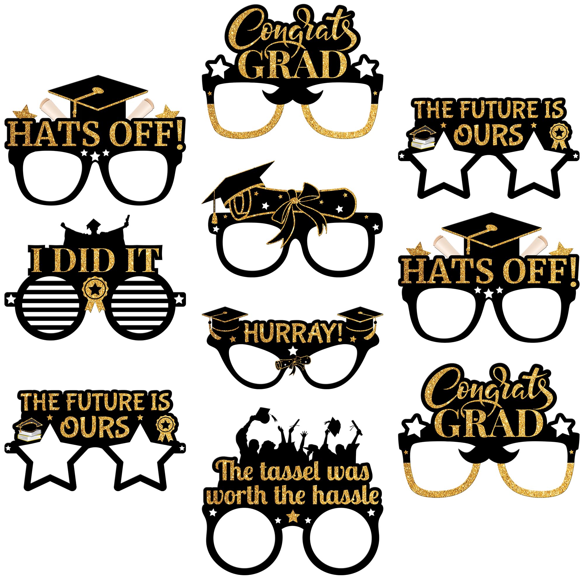 KatchOn Photo Booth Props 2025 - Pack of 10 | Black and Gold Class Glasses | Graduation Party Decorations and Favors