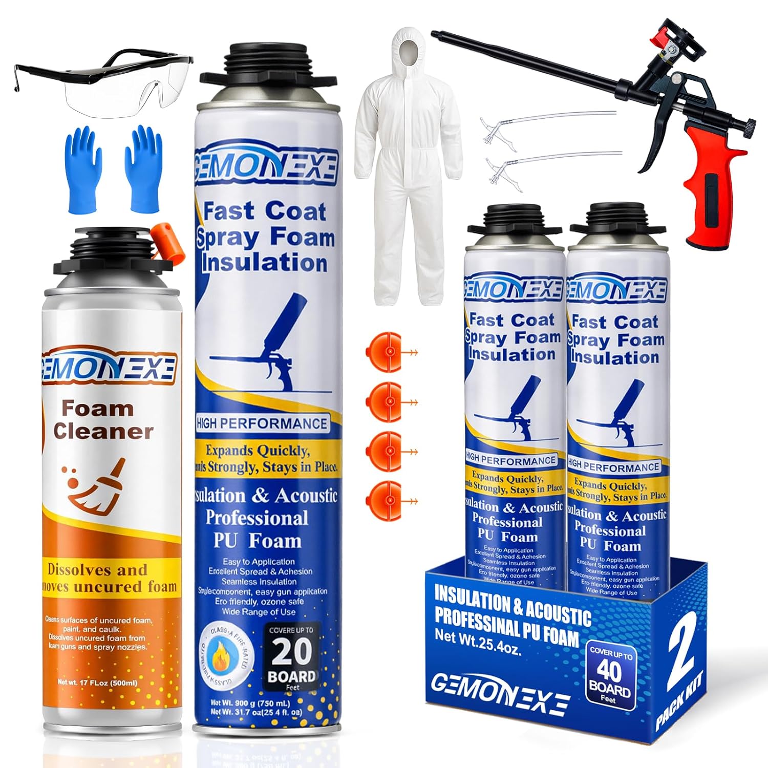 Spray Foam Insulation Kit 40 Board ft/Sq.ft, Closed Cell Wide Polyurethane DIY Spray Foam for Walls, Ceilings, Attics and Garage Doors (2 Pack×25.4oz) -Thermal & Soundproofing, Included Gun & Cleaner