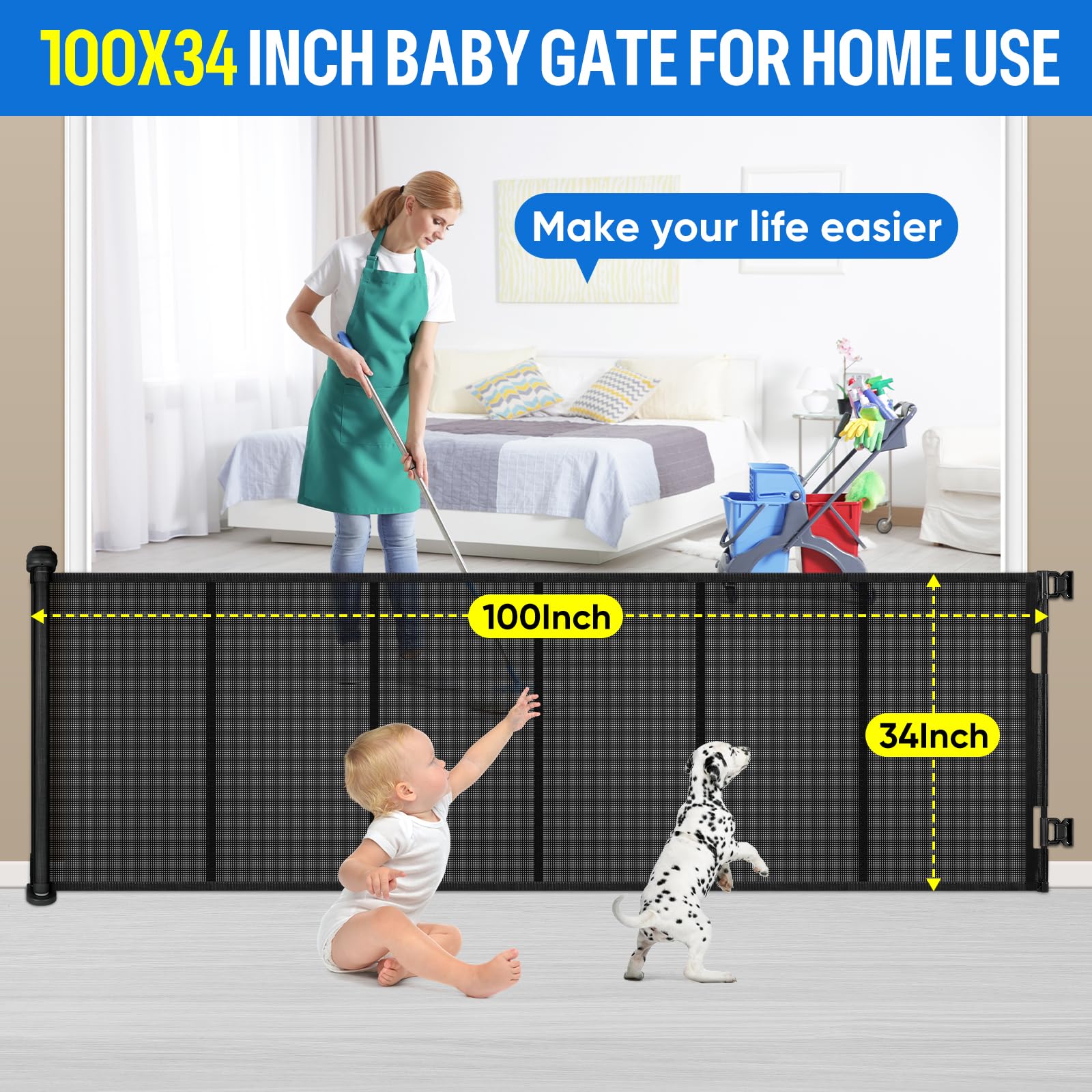 Cancelletto di Sicurezza Retrattile per Bambini, 0-254 cm Cancelletto Estensibile per Bambini Scale e Corridoi Interni ed Esterni Cancello per Cani (Nero)