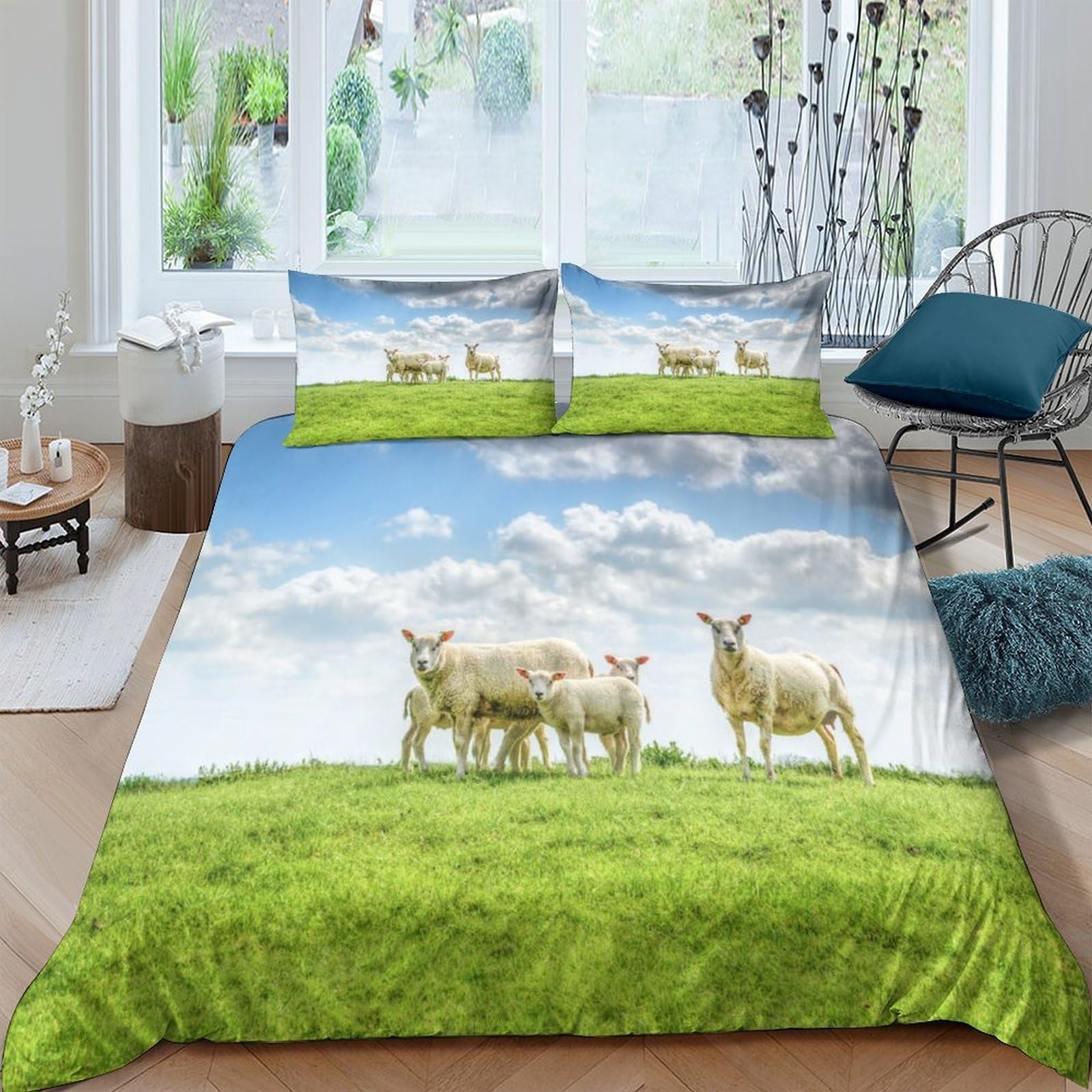 BARDYS Sheep Family Duvet Cover with Pillowcaser Kids 3D Printed Bedding Nature Comforter Cover Soft Microfiber Quilt Cover for Girls, Boys Bedding Set，with Zipper Closure Double（200x200cm）